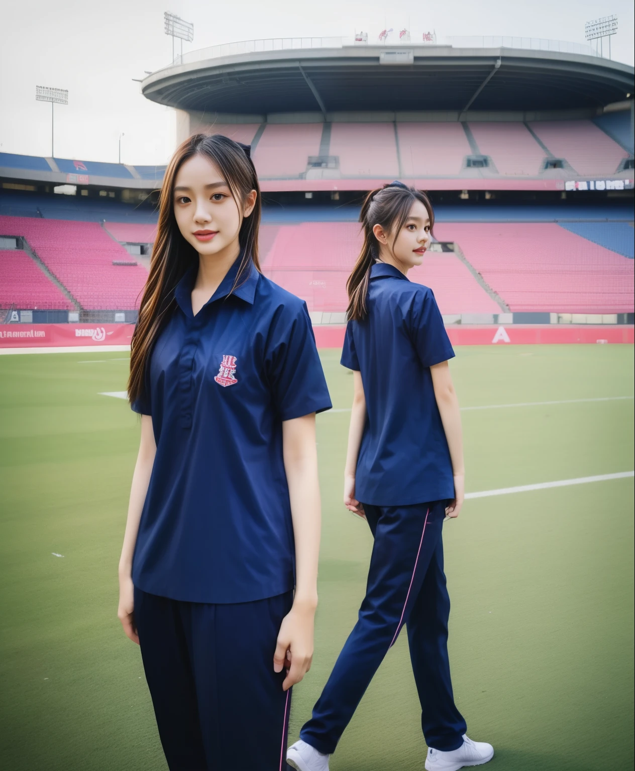 (best quality,10,10,height,Masterpiece:1.2),Very detailed,(realistic,ภาพrealistic,Realistic photos:1.37),1 cute girl on the football field,Shiny, shiny skin,only,smile softly,BDclothelue shirt:1.3)),short sleeve,shirt, กางเกงขาlong.,(navy_long_ติดตามกางเกงขาlong:1.1), ((stadium background:1.3)),Dynamic angle,excited,Face focus,dynamic poses,from behind,Focus on the ass.,Masterpiece, best quality, ultra realistic, hyper detail, 8k resolution, raw photos, Sharp focus, ((Navy blue shirt:1.1)), short sleeve, เส้นทางlong, perfect bodyแบบ, 2 mature women, 18 years old, Cinema-grade lighting,กางเกงขาlongวอร์มสีน้ําเงิน,gym wear,correct anatomy,perfect body, correct body, Sharp face, correct bodyทางกายวิภาค, full body, realistic gestures, long-haired, realistic poses,ช่วงขาlong,fit,sculpted girl, Slender figure, mannequin, fit, beautiful body,Blue sweatpants, กางเกงวอร์มขาlong