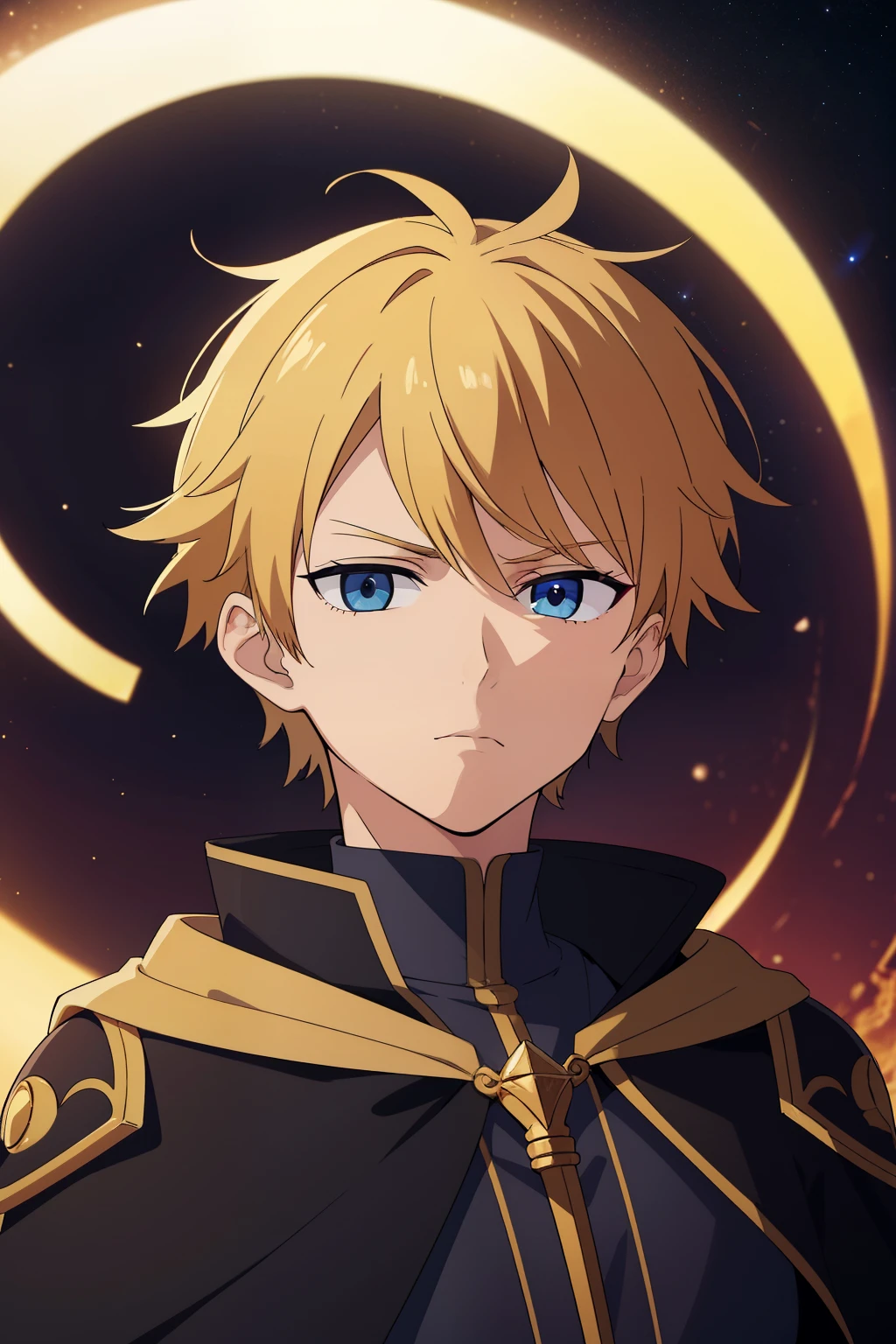 (high-quality, breathtaking),(expressive eyes, perfect face) 1male, male, solo, short height, , short length hair, blonde with brown highlights hair color, unkept hair, dark blue eyes, serious expression, black cloak, white shirt, fantasyy mage clothing, Saturn, Saturn Roman God of Time, Sundial background, space background, portrait, upper body, magic