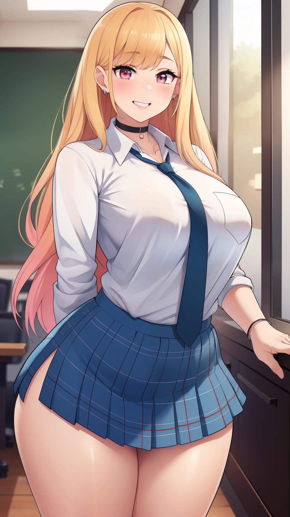 ((Masterpiece)), perfect anatomy, perfect shading, field of depth, (best quality), extremely delicate and beautiful, perfect lighting, detailed face, ultra cute face, cute, (cowboy shot 1.2), looking at viewer, full body, (((1girl))), (((solo))), kitagawa marin
1girl, blonde hair, long hair, multicolored hair, red eyes, (blush), jewelry, earrings, piercing, school uniform, white shirt, tied shirt, black choker, blue necktie, plaid skirt, medium breasts, wide hips, thick thighs, (chubby)
indoors, inside, classroom, open smile, pose, desks