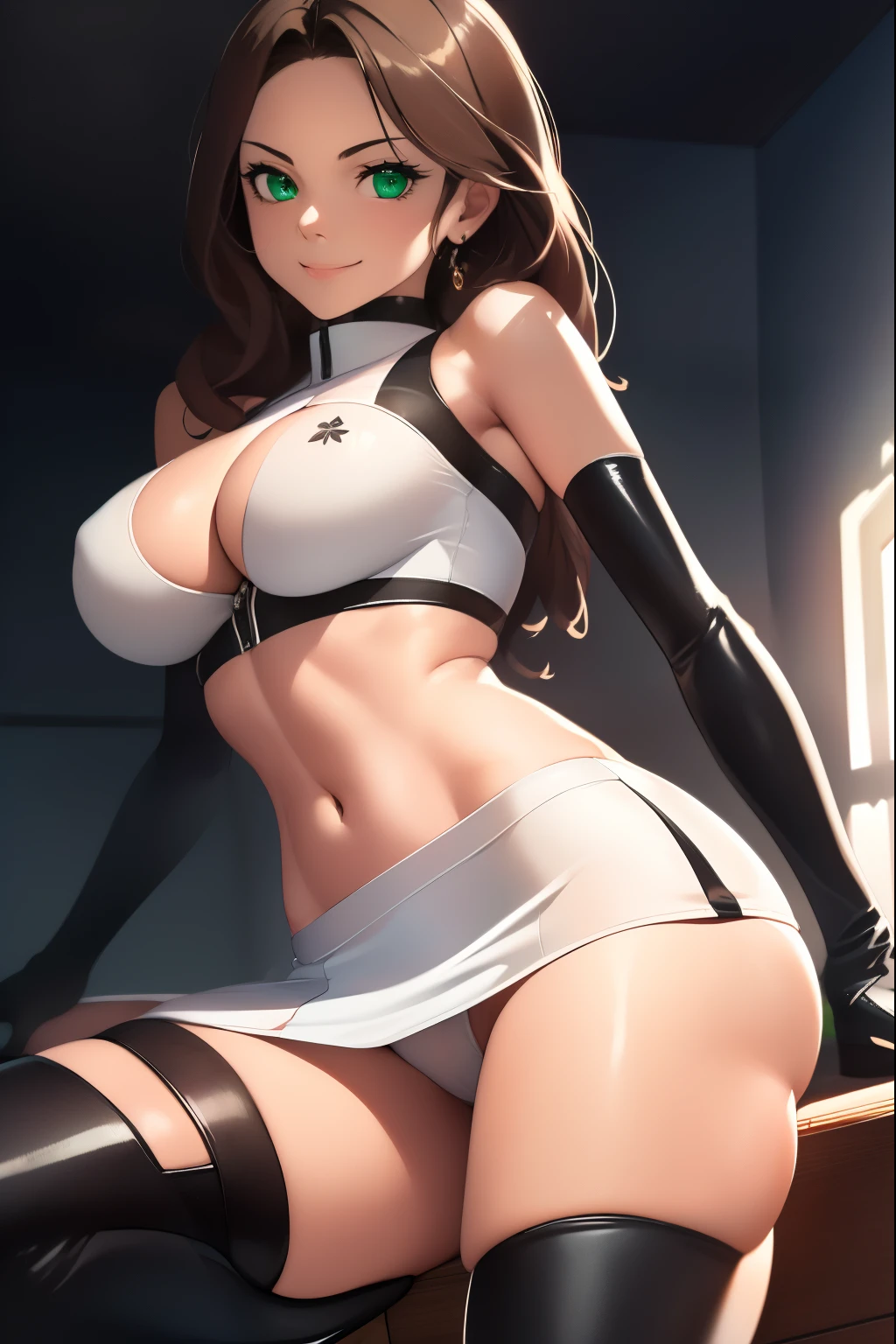 Dorothea, spread legs、show white panties,sexy、green eyes, glossy lips ,Team Rocket,Team Rocket uniform, red letter R, white skirt,white crop top,black thigh high boots, black elbow gloves , looking at the viewer, evil smile, fold your arms
