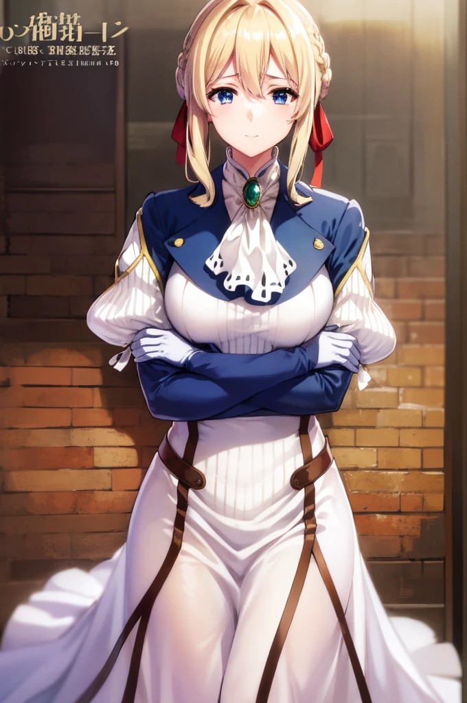 masterpiece, best quality, highres, (presenting panties:1.3), hands, 1girl, blonde hair, gloves, ribbon, blue jacket, dress, red ribbon, hair ribbon, blue eyes, hair between eyes, jewelry, jacket, long sleeves, brooch, ascot, bangs, braid, white ascot, white dress, hair intakes, skirt, large breasts, violet evergarden \(series\), violet evergarden, smile, panties, upper body, magazine cover,