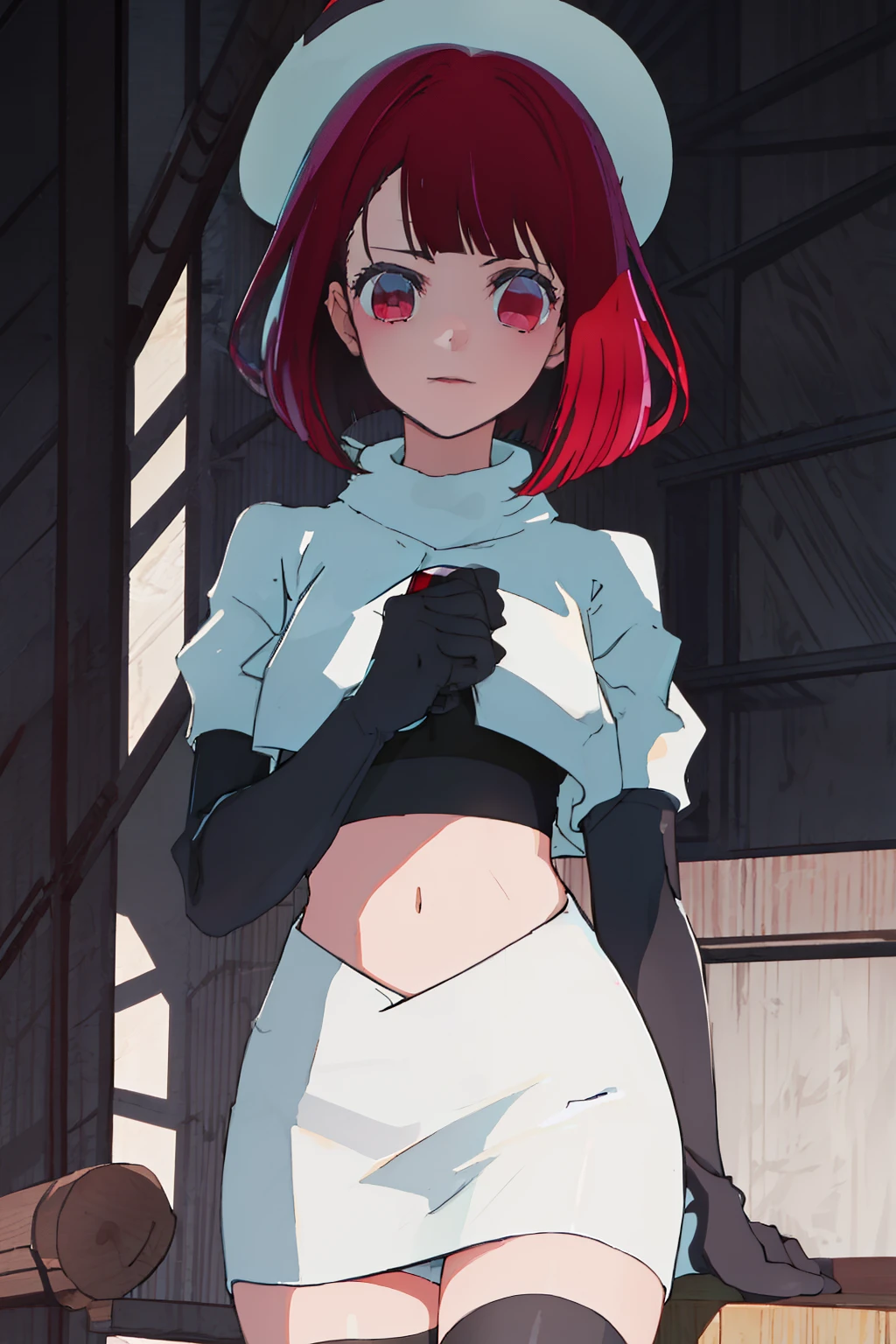 best quality, masterpiece, highres, solo, {arima_kana_oshinoko:1.15}, short_hair, bangs, red_hair, blunt_bangs, bout, red_eyes, hat, 1girl, black_headwear, beret, looking_at_viewer, team rocket,team rocket uniform, red letter R, white skirt,white crop top,black thigh-highs,black elbow gloves