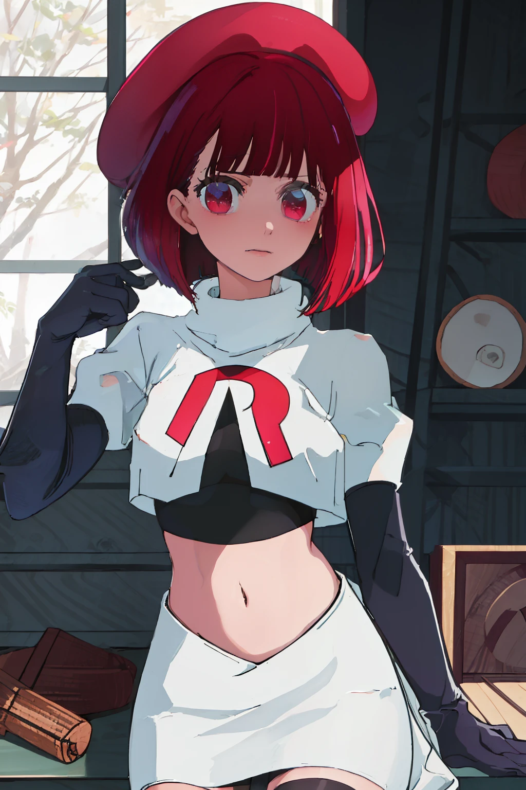 best quality, masterpiece, highres, solo, {arima_kana_oshinoko:1.15}, short_hair, bangs, red_hair, blunt_bangs, bout, red_eyes, hat, 1girl, black_headwear, beret, looking_at_viewer, team rocket,team rocket uniform, red letter R, white skirt,white crop top,black thigh-highs,black elbow gloves