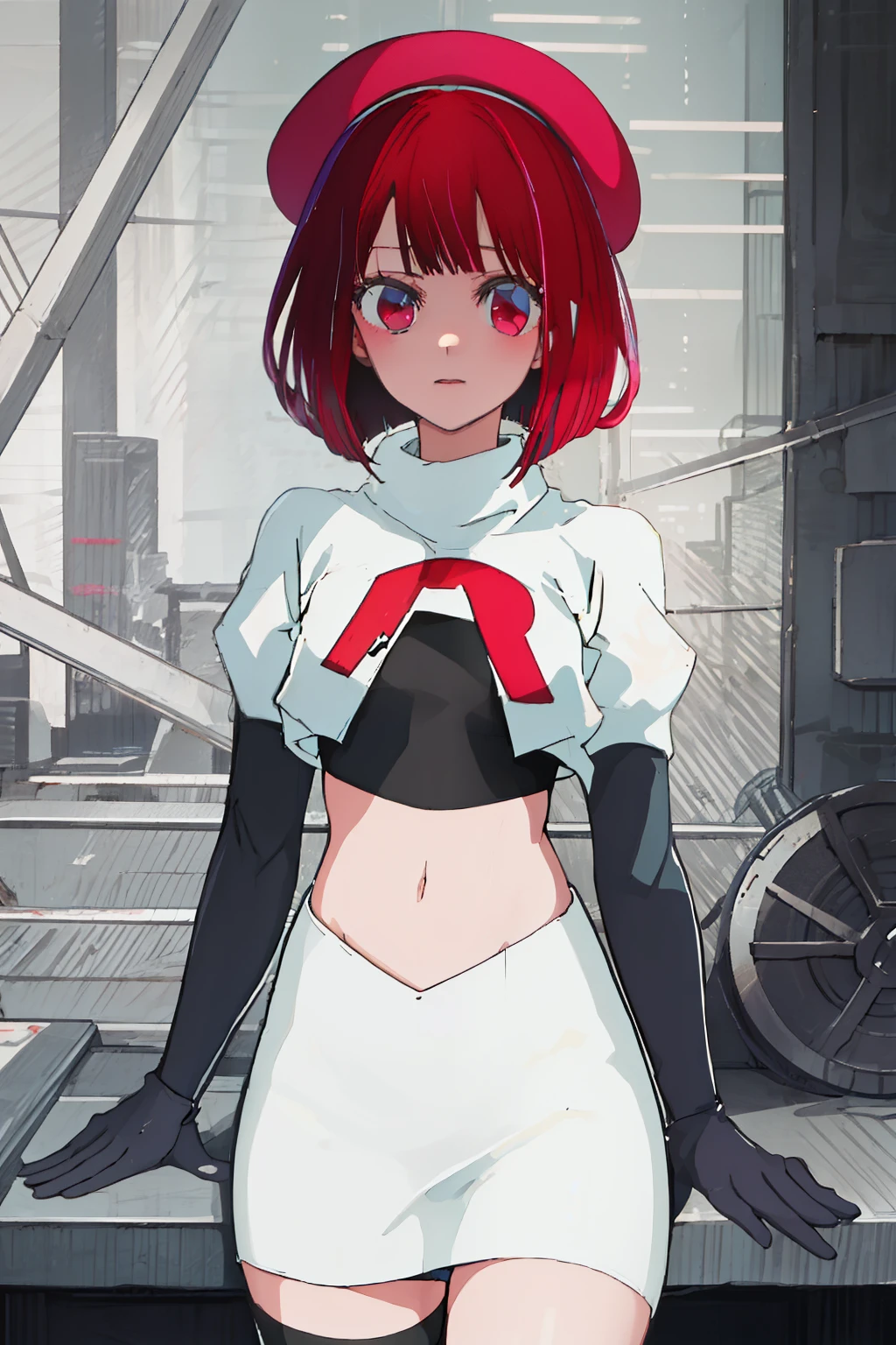 best quality, masterpiece, highres, solo, {arima_kana_oshinoko:1.15}, short_hair, bangs, red_hair, blunt_bangs, bout, red_eyes, hat, 1girl, black_headwear, beret, looking_at_viewer, team rocket,team rocket uniform, red letter R, white skirt,white crop top,black thigh-highs,black elbow gloves