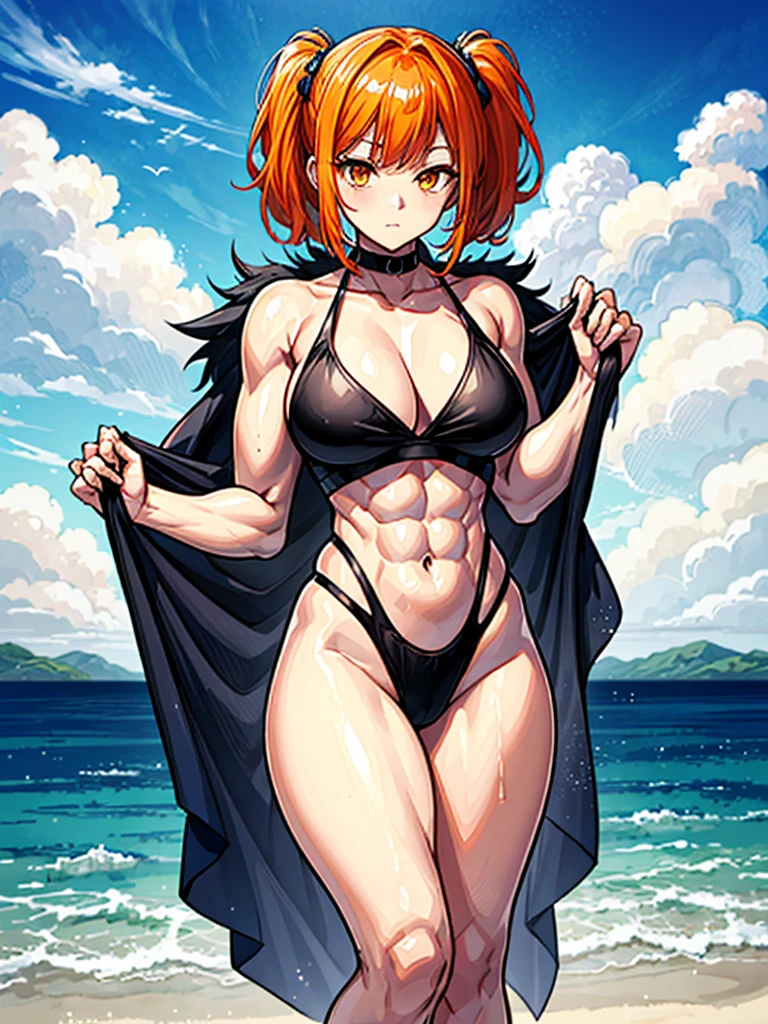 (((masterpiece、Highest image quality、highest quality、highly detailed unity 8kwallpaper)))、((Illustration of one girl))、(((beautiful girl)))、((orange hair、side ponytail:1.4、sidelocks:1.6、orange eyes))、(((stocky build:1.5, thickset physique:1.6, muscular legs, broad shoulders:1.6, solid chest:1.5)))、swimsuit、sandy beach