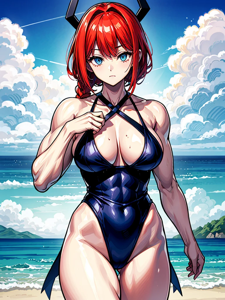 (((masterpiece、Highest image quality、highest quality、highly detailed unity 8kwallpaper)))、((Illustration of one girl))、(((beautiful girl)))、((red hair、Braid、sidelocks:1.4、blue eyes))、(((stocky build:1.5, thickset physique:1.6, muscular legs, broad shoulders:1.6, solid chest:1.5)))、swimsuit、sandy beach