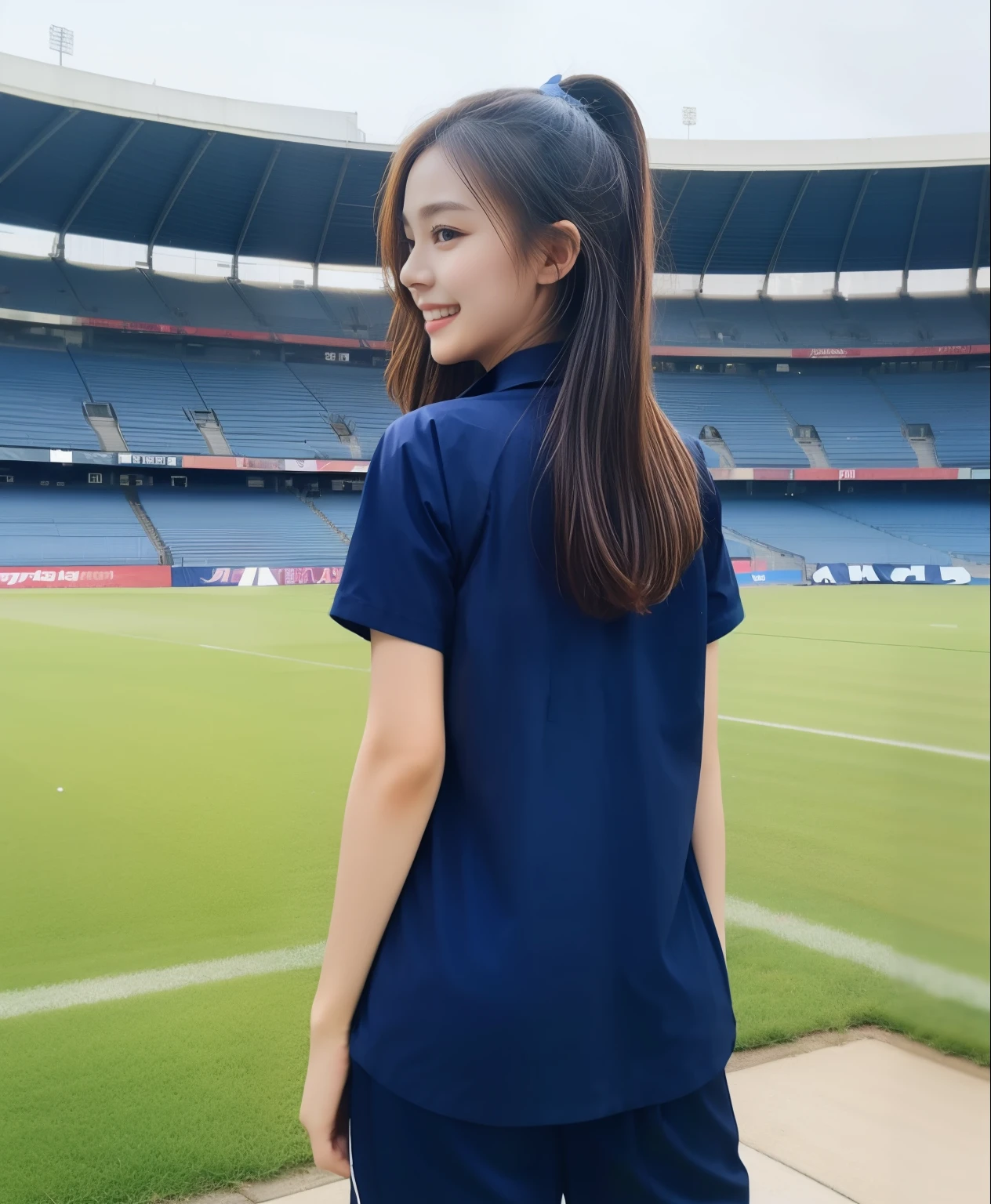 (best quality,10,10,height,Masterpiece:1.2),Very detailed,(realistic,ภาพrealistic,Realistic photos:1.37),1 cute girl on the football field,Shiny, shiny skin,only,smile softly,BDclothelue shirt:1.3)),short sleeve,shirt, กางเกงขาlong.,(navy_long_ติดตามกางเกงขาlong:1.1), ((stadium background:1.3)),Dynamic angle,excited,Face focus,dynamic poses,from behind,Focus on the ass.,Masterpiece, best quality, ultra realistic, hyper detail, 8k resolution, raw photos, Sharp focus, ((Navy blue shirt:1.1)), short sleeve, เส้นทางlong, perfect bodyแบบ, 2 mature women, 18 years old, Cinema-grade lighting,กางเกงขาlongวอร์มสีน้ําเงิน,gym wear,correct anatomy,perfect body, correct body, Sharp face, correct bodyทางกายวิภาค, full body, realistic gestures, long-haired, realistic ,ช่วงขาlong,fit,sculpted girl, Slender figure, mannequin, fit, beautiful body,Blue sweatpants, กางเกงวอร์มขาlong