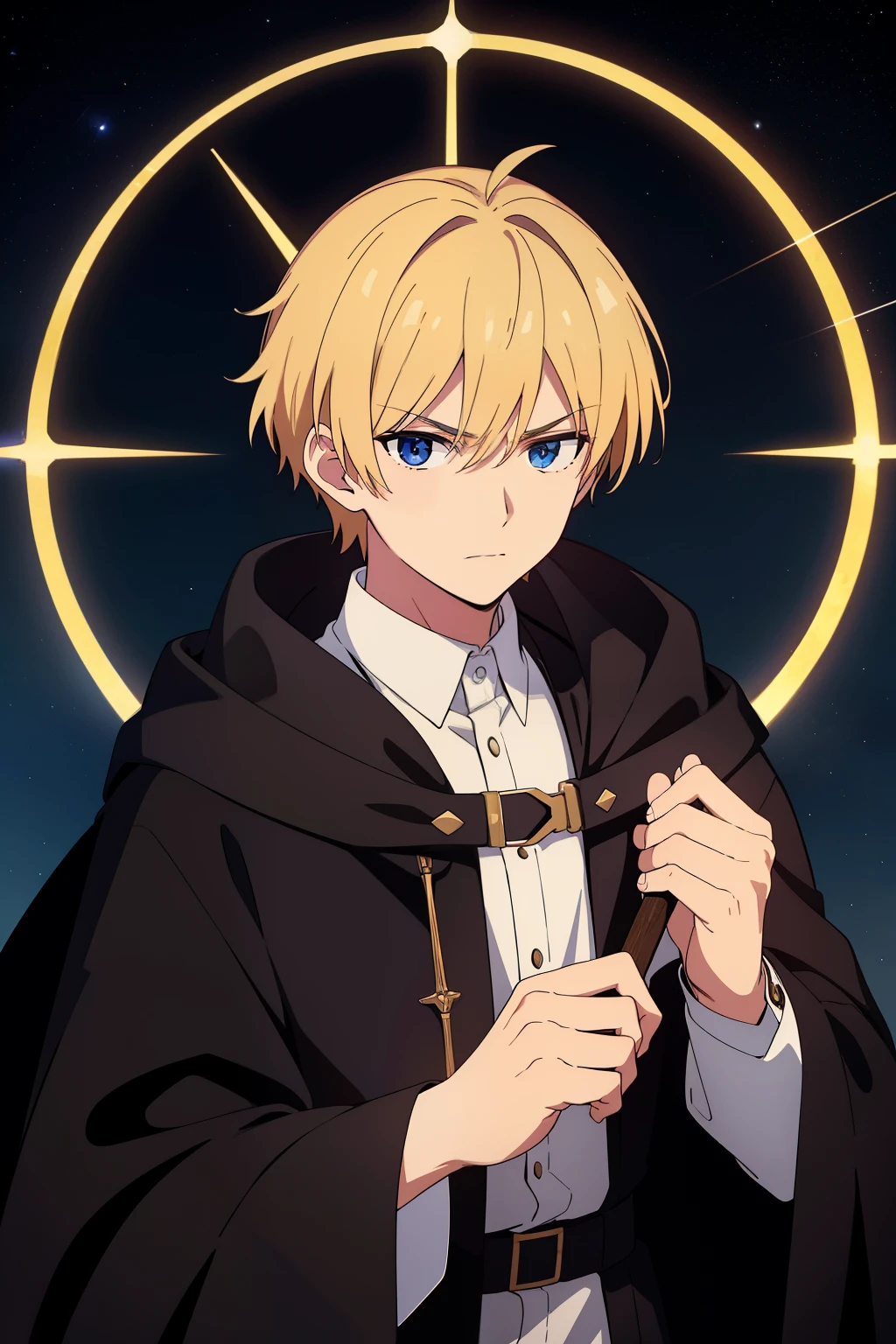 (high-quality, breathtaking),(expressive eyes, perfect face) 1male, male, solo, short height, young teenager age, short length hair, blonde with brown highlights hair color, unkept hair, dark blue eyes, serious expression, black cloak, white shirt, fantasyy mage clothing, Saturn, Saturn Roman God of Time, Sundial background, space background, portrait, upper body, magic