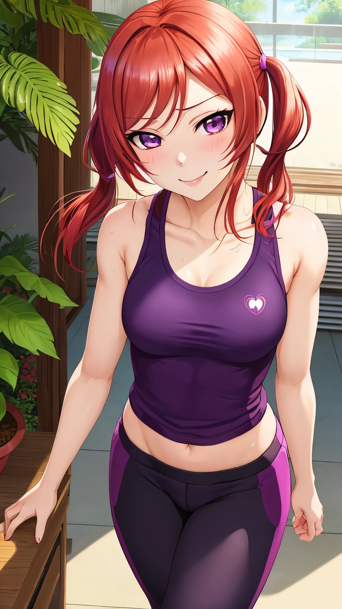 masterpiece, best quality,Nishikino maki, purple eyes, smile, low twintails, tank top, gym pants, sweating, small breasts, Plants,sun, light ray, Closed mouth