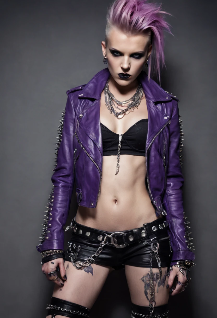(best quality,4k,8k,highres,masterpiece:1.2),ultra-detailed,(realistic,photorealistic,photo-realistic:1.37),girl with gothic net symbolic clothes,hair with pink color,ends of the hair in gray,big boobs,fashionista,barbed wire of the body,unique style,gloomy atmosphere,dark background,dreamlike lighting,vivid colors,striking contrast,high fashion,edgy,alternative fashion,punk,grunge,statement piece,minimalist make-up,sophisticated accessories,long nails,confident pose,high heels