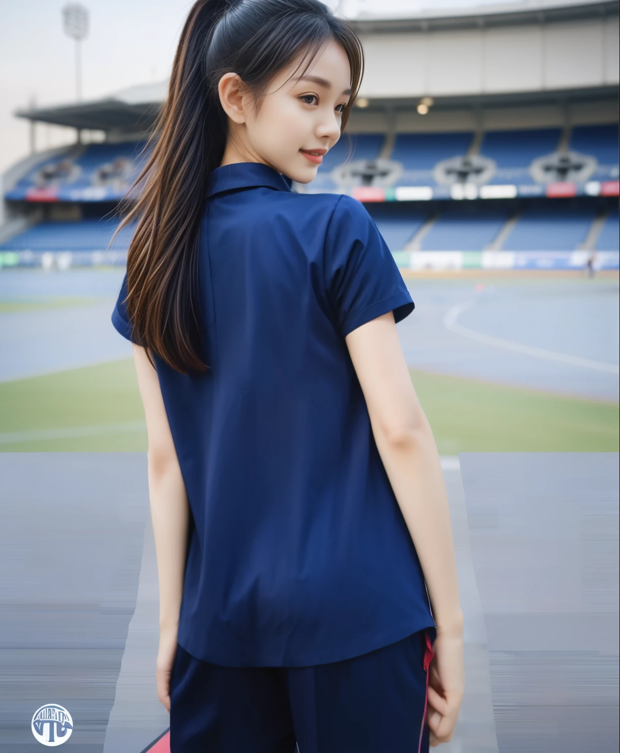 (best quality,10,10,height,Masterpiece:1.2),Very detailed,(realistic,ภาพrealistic,Realistic photos:1.37),1 cute girl on the football field,Shiny, shiny skin,only,smile softly,BDclothelue shirt:1.3)),short sleeve,shirt, กางเกงขาlong.,(navy_long_ติดตามกางเกงขาlong:1.1), ((stadium background:1.3)),Dynamic angle,excited,Face focus,dynamic poses,from behind,Focus on the ass.,Masterpiece, best quality, ultra realistic, hyper detail, 8k resolution, raw photos, Sharp focus, ((Navy blue shirt:1.1)), short sleeve, เส้นทางlong, perfect bodyแบบ, 2 mature women, 18 years old, Cinema-grade lighting,กางเกงขาlongวอร์มสีน้ําเงิน,gym wear,correct anatomy,perfect body, correct body, Sharp face, correct bodyทางกายวิภาค, full body, realistic gestures, long-haired, realistic ,ช่วงขาlong,fit,sculpted girl, Slender figure, mannequin, fit, beautiful body,Blue sweatpants, กางเกงวอร์มขาlong