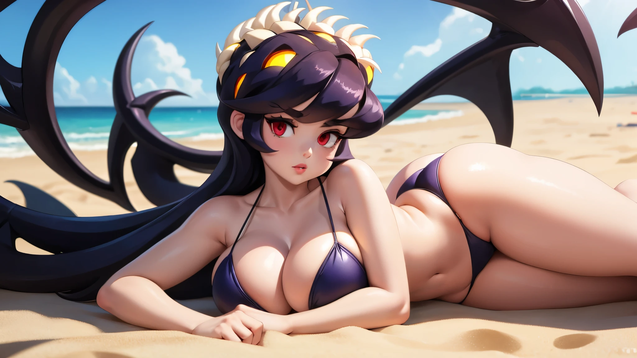 Filia, bikini, thong, huge boobs, huge ass, long legs, seductive look, feminine lips, feminine hands, pink nails, face view, lying on the sand,