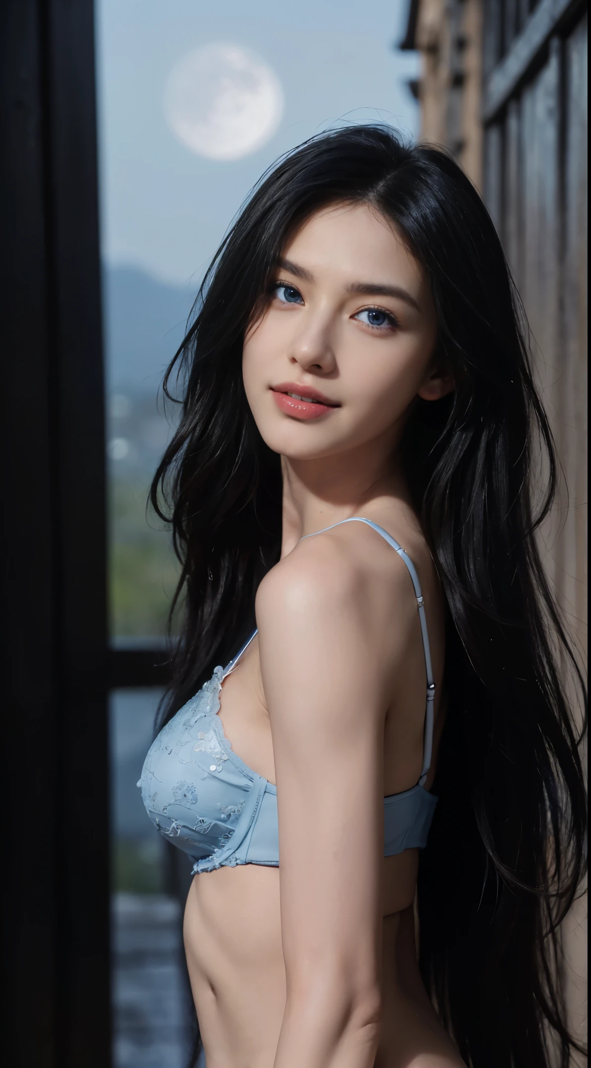 8K, Top Quality, Intricate Details, Ultra Detail, Ultra High Resolution, Masterpiece, random angle, Slender, Smile, (Makeup: 0.4), (Fluffy Blue Eyes: 1.21), blue Eyes, looking at viewer, ((full body)), 1girl, solo, 1 girl, (( full body)), close up shot, , ((tall)), (((fit body))), (((slim face))), sharp face, sharp eyes, (((black hair, long hair, )) (detailed face), sharp face, small lips, ((out bra)), detailed face, detailed , large breastil ass, Beautifgirl with accentuated slender abs: 1.4, Six Pack Abs: 1.4, Bust Botox, Big, Perfect Body, detail leg, (( moonlight)), top of mountain