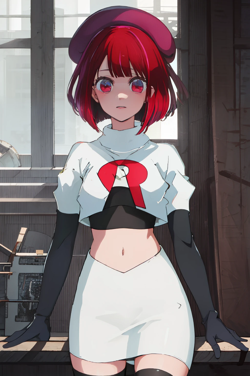 best quality, masterpiece, highres, solo, {arima_kana_oshinoko:1.15}, short_hair, bangs, red_hair, blunt_bangs, bout, red_eyes, hat, 1girl, black_headwear, beret, looking_at_viewer, team rocket,team rocket uniform, red letter R, white skirt,white crop top,black thigh-highs,black elbow gloves