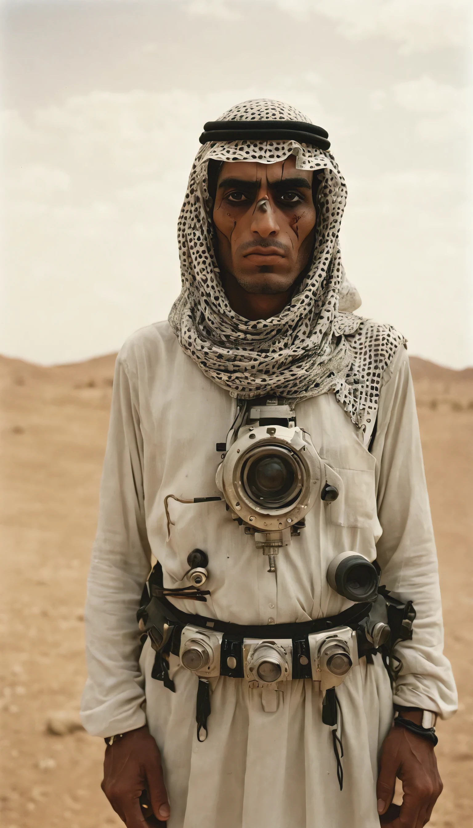 Polaroid photo of Cyborg Arab Bedouin , eerie. Horror , Dreamcore aesthetic , by Diane Arbus