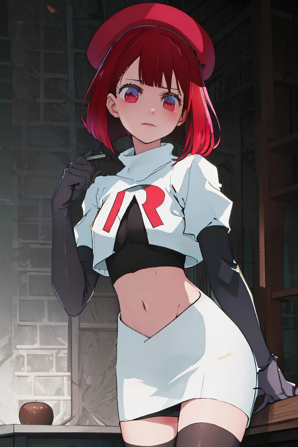 best quality, masterpiece, highres, solo, {arima_kana_oshinoko:1.15}, short_hair, bangs, red_hair, blunt_bangs, bout, red_eyes, hat, 1girl, black_headwear, beret, looking_at_viewer, team rocket,team rocket uniform, red letter R, white skirt,white crop top,black thigh-highs,black elbow gloves