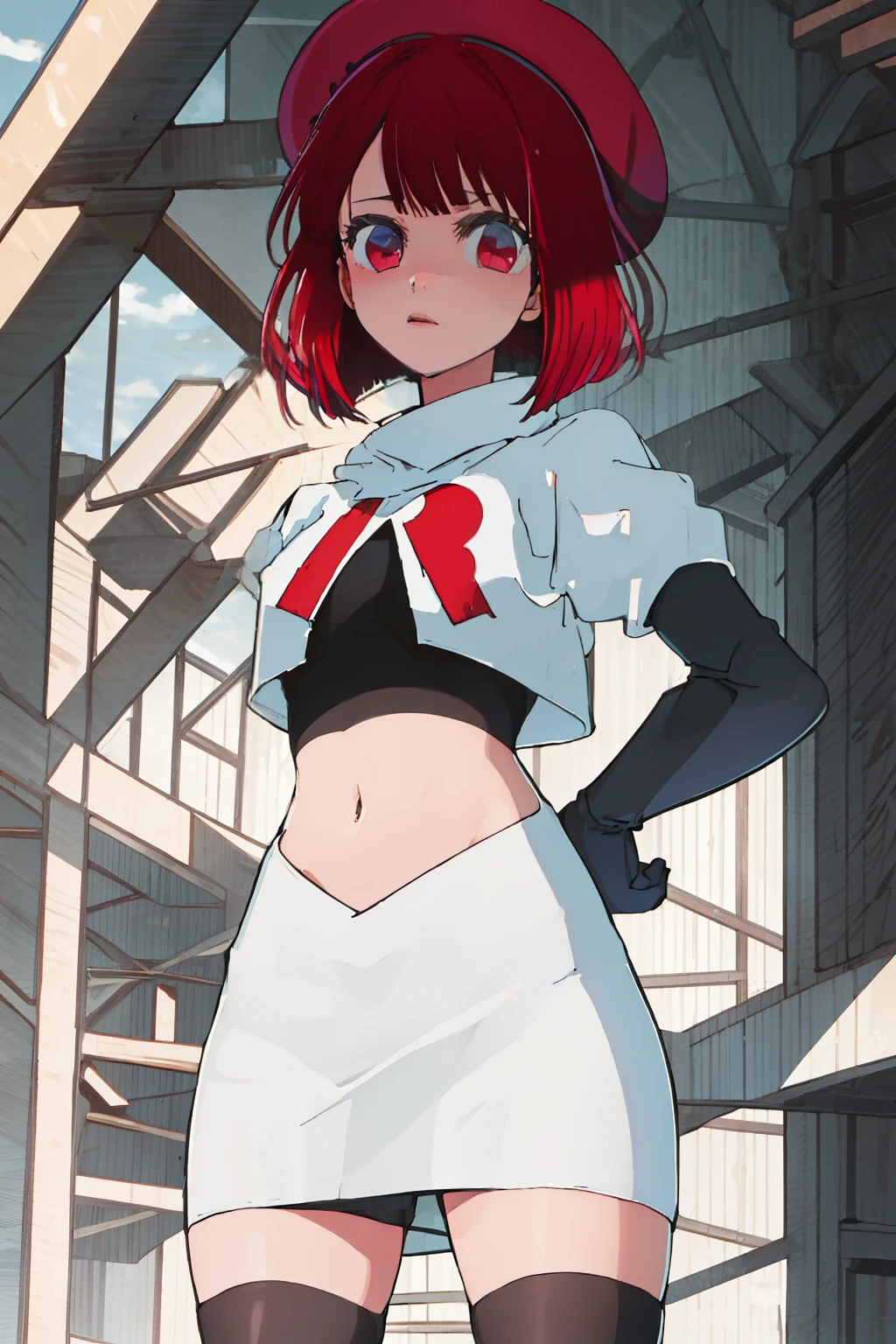 best quality, masterpiece, highres, solo, {arima_kana_oshinoko:1.15}, short_hair, bangs, red_hair, blunt_bangs, bout, red_eyes, hat, 1girl, black_headwear, beret, looking_at_viewer, team rocket,team rocket uniform, red letter R, white skirt,white crop top,black thigh-highs,black elbow gloves