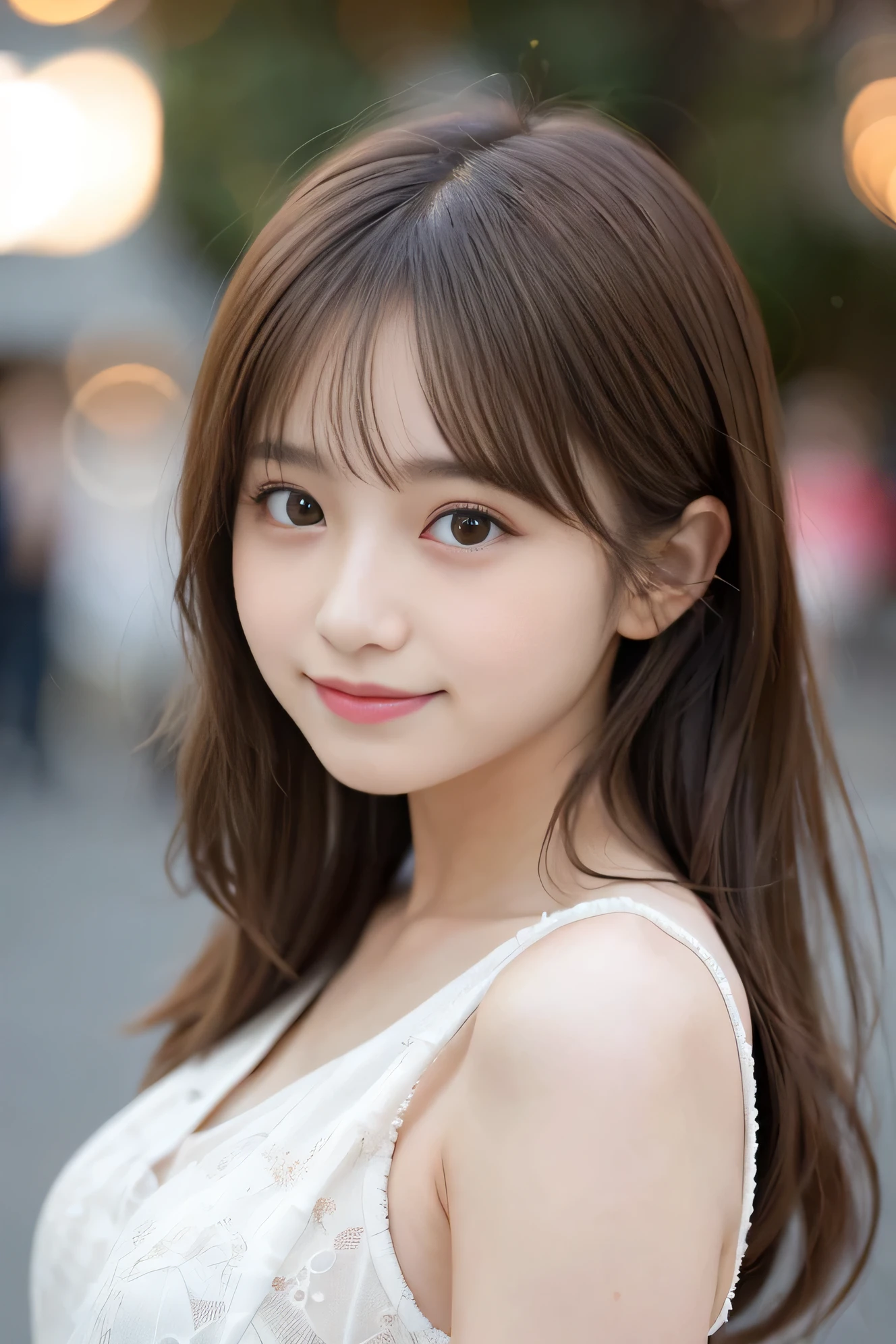 highest quality, Focus on the eyes, soft light, Use reflector to brighten your face, (Depth of bounds written) ,ultra high resolution, (realistic:1.4), RAW photo, (Bokeh:1.4), 1 girl, japanese girl, 15 years old, so beautiful, nogizaka girls, female idol, very pretty, alone, cute, (gentle smile :1.3), smile, round big eyes, droopy eyes, medium sized breasts, brown hair, small nostrils, (looking at the viewer:1.2),