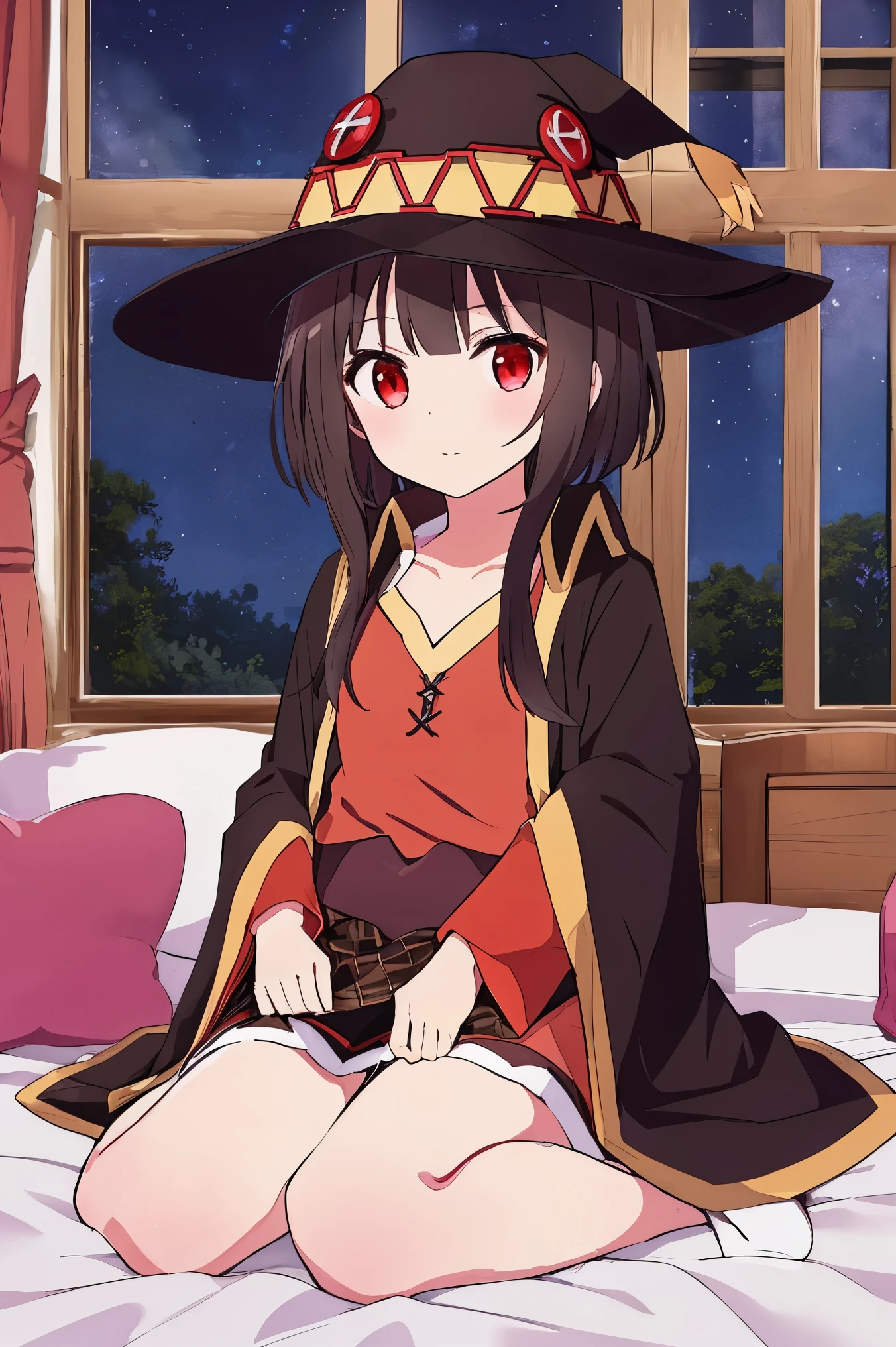 (beste-Qualit, 8K, 12), 1 girl, (megumin), brown hair, the perfect body, ultra detail face, detailed lips, Excited, (((very small boobs))), red eyes, cleavage, ((nude)), looking at viewer, (close up), (leaned forward), nipples, bedroom