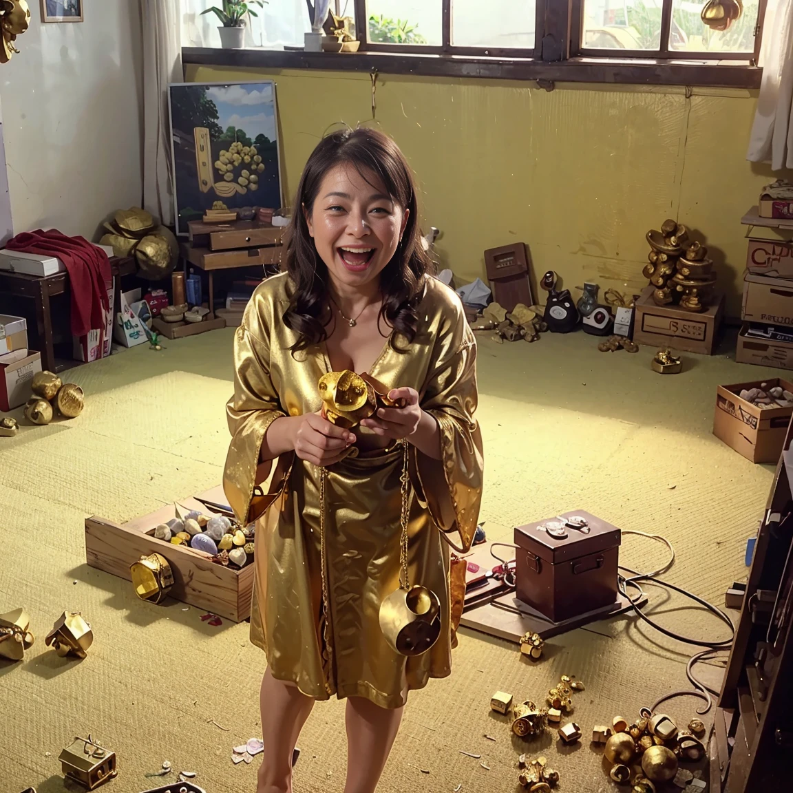high resolution、high quality、High resolution、real image、detailed、1 mature female、blonde curly hair、Looking at the camera and laughing out loud、lean body、small breasts、golden bra and panties、(Large gold nuggets are scattered throughout the room.:1.5)