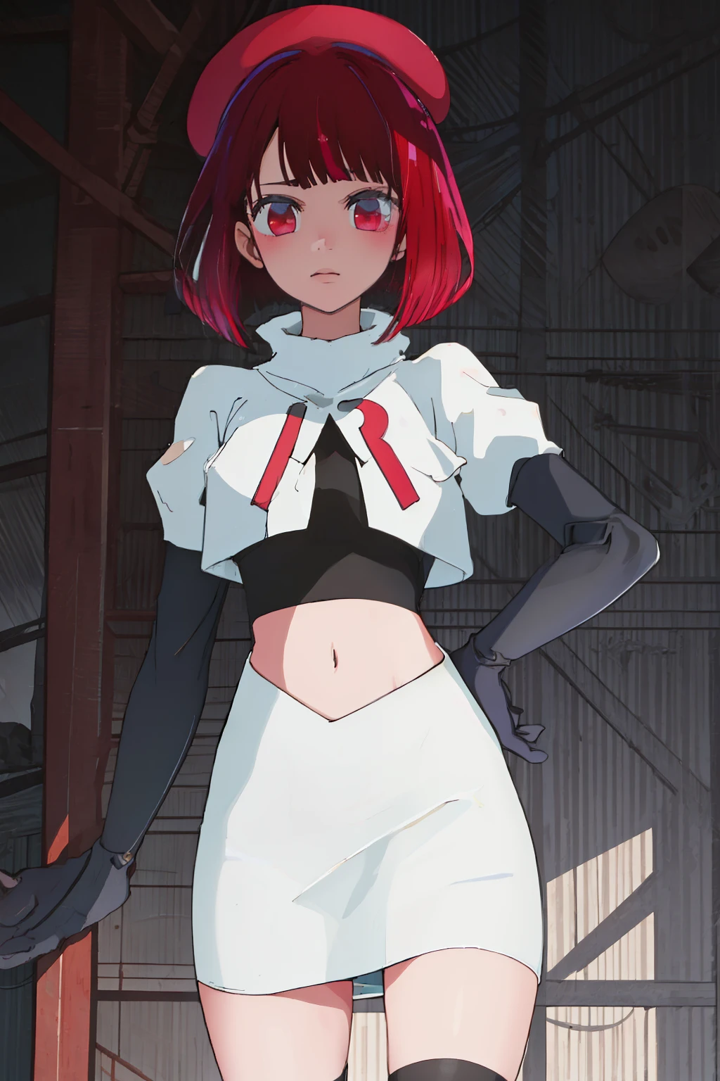 best quality, masterpiece, highres, solo, {arima_kana_oshinoko:1.15}, short_hair, bangs, red_hair, blunt_bangs, bout, red_eyes, hat, 1girl, black_headwear, beret, looking_at_viewer, team rocket,team rocket uniform, red letter R, white skirt,white crop top,black thigh-highs,black elbow gloves