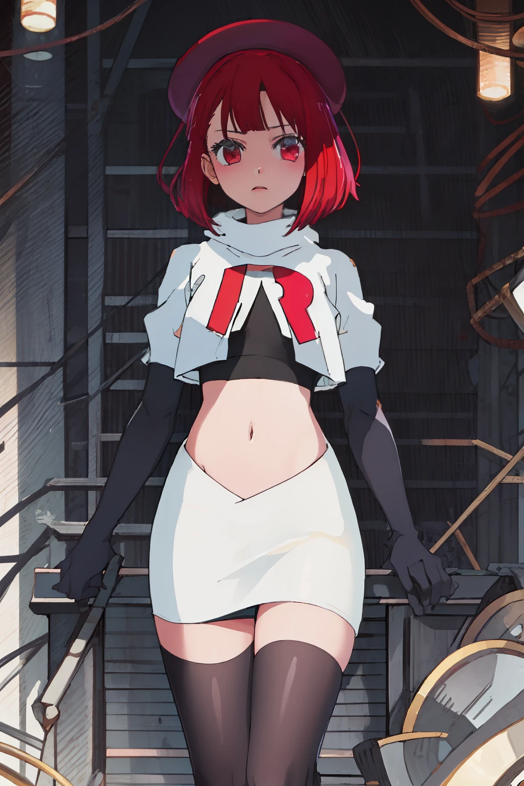 best quality, masterpiece, highres, solo, {arima_kana_oshinoko:1.15}, short_hair, bangs, red_hair, blunt_bangs, bout, red_eyes, hat, 1girl, black_headwear, beret, looking_at_viewer, team rocket,team rocket uniform, red letter R, white skirt,white crop top,black thigh-highs,black elbow gloves