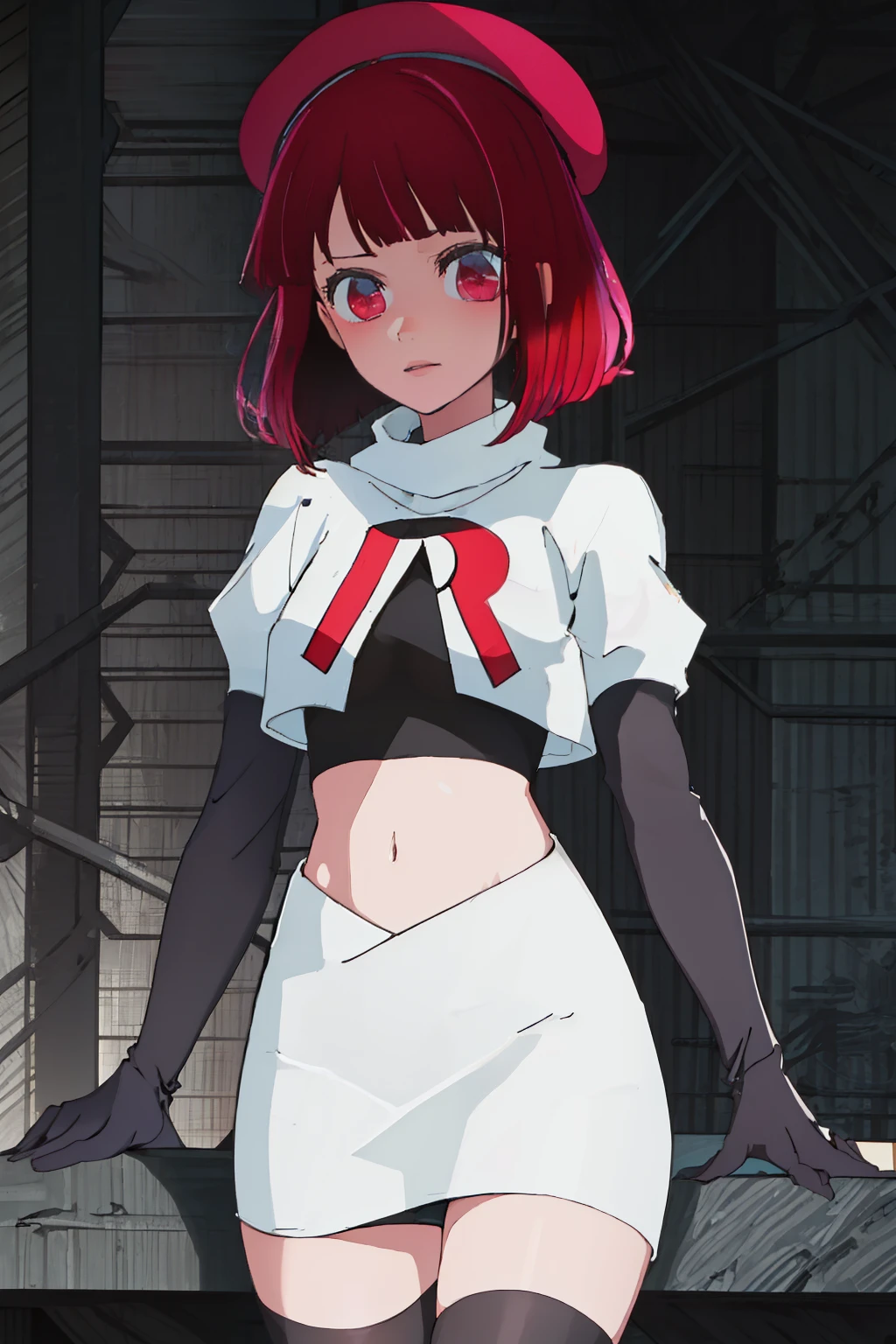 best quality, masterpiece, highres, solo, {arima_kana_oshinoko:1.15}, short_hair, bangs, red_hair, blunt_bangs, bout, red_eyes, hat, 1girl, black_headwear, beret, looking_at_viewer, team rocket,team rocket uniform, red letter R, white skirt,white crop top,black thigh-highs,black elbow gloves
