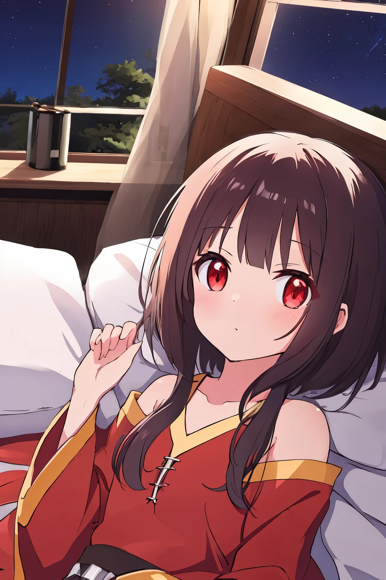 Megumin, red eyes l, cabelos castanhos, cabelos curtos, hidden hands, com vergonha, natureza, Sakura, de noite, asas de anjo, corpo inteiro, dormindo, na cama