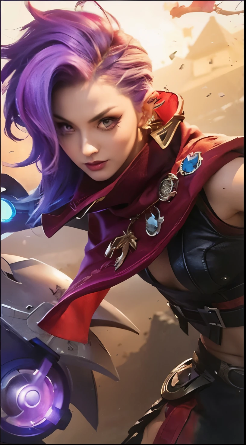 a close up of a woman with purple hair holding a sword, arcane jinx, leblanc, katarina, wild rift, zenra taliyah, samira from league of legends, style artgerm, portrait of jinx from arcane, irelia, ashe, league of legends character, artgerm style, taliyah, qiyana, red pupil