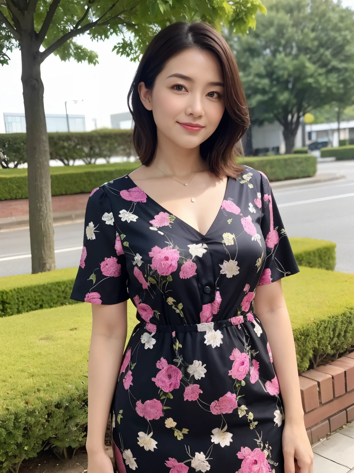 best qualtiy, in 8K, masuter piece, 逼真, Sharp Focus, high quarity, hight resolution, A detailed face, A detailed eye, Thick lip, (Look at viewers), 独奏, Beautuful Women, 28 year old, plumw, Beautifully trimmed hair, cleavage of the breast, brightly colored patterned dress, Afternoon in front of the park garden,