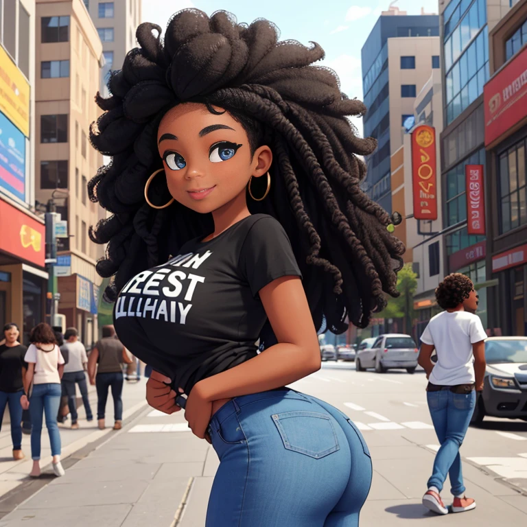 ((best quality)), ((masterpiece)), (detailed), perfect face, 1 girl, Black beautiful woman in her twenties, with huge boobs, slim, with a tiny Waist and a round ass. Wearing jeans and a t-shirt that says Black Lives Matter. She has abundant curly hair, big blue eyes, small nose and full lips and playful smile. Located in the streets of a big city downtown