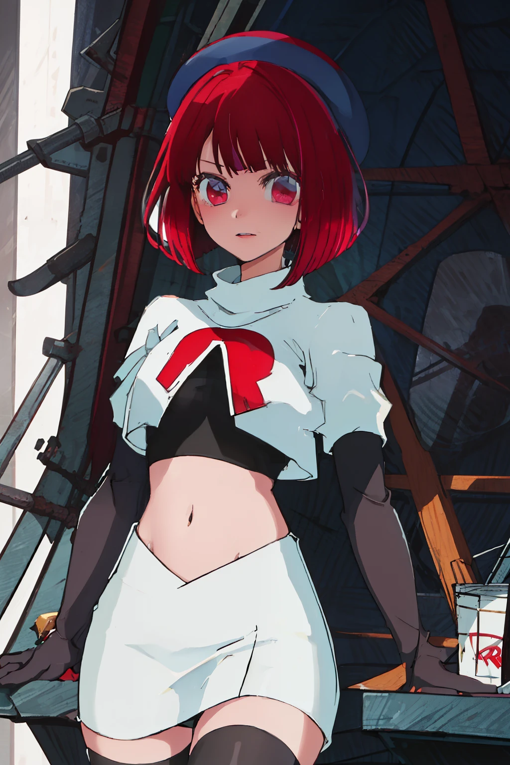 best quality, masterpiece, highres, solo, {arima_kana_oshinoko:1.15}, short_hair, bangs, red_hair, blunt_bangs, bout, red_eyes, hat, 1girl, black_headwear, beret, looking_at_viewer, team rocket,team rocket uniform, red letter R, white skirt,white crop top,black thigh-highs,black elbow gloves