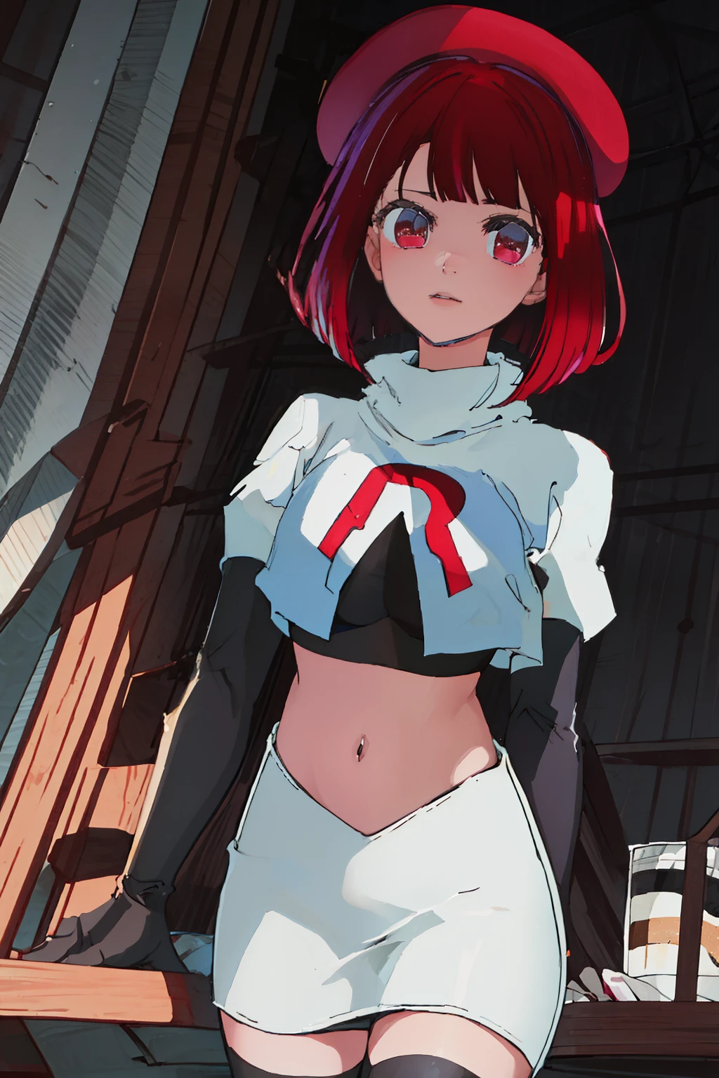 best quality, masterpiece, highres, solo, {arima_kana_oshinoko:1.15}, short_hair, bangs, red_hair, blunt_bangs, bout, red_eyes, hat, 1girl, black_headwear, beret, looking_at_viewer, team rocket,team rocket uniform, red letter R, white skirt,white crop top,black thigh-highs,black elbow gloves