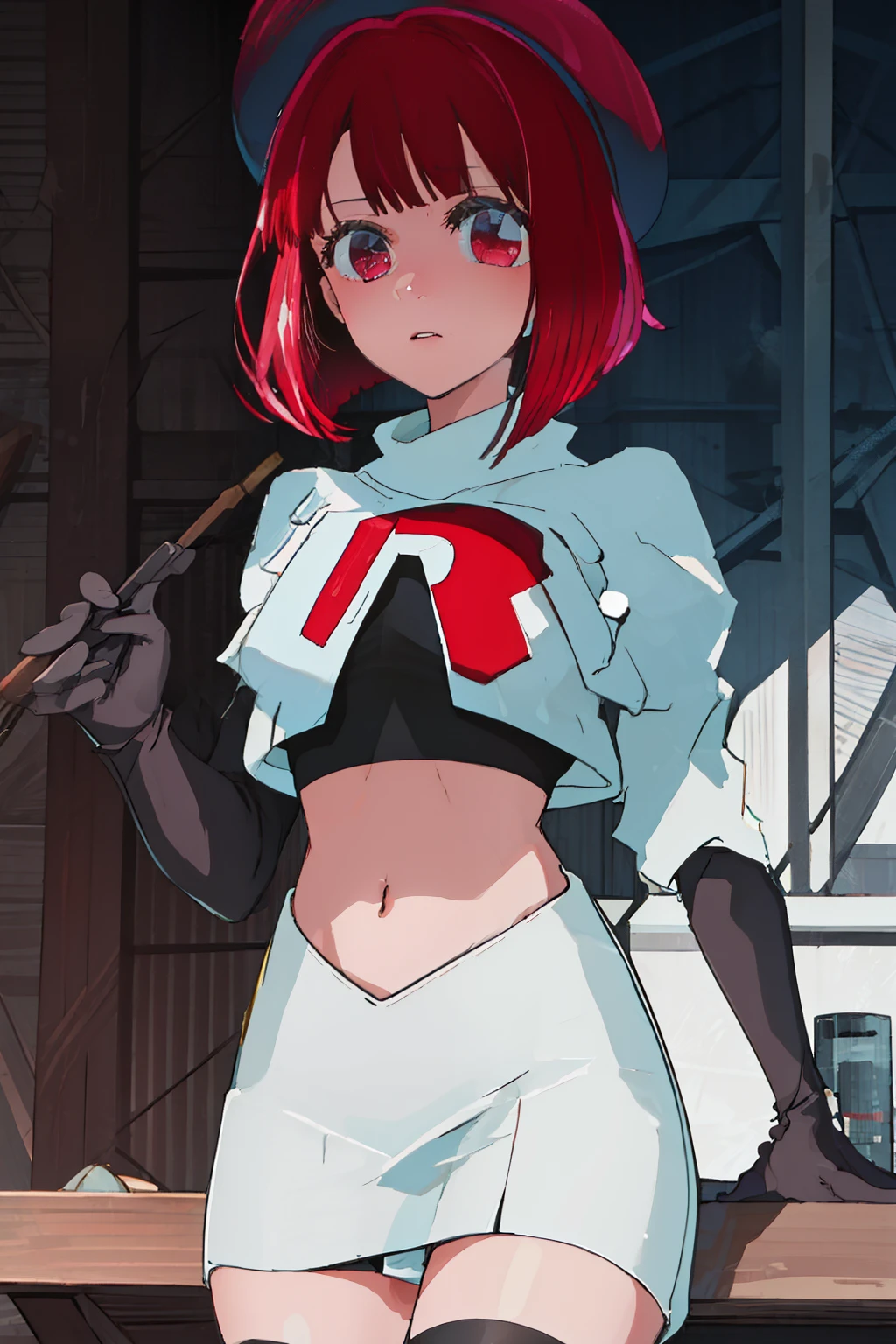 best quality, masterpiece, highres, solo, {arima_kana_oshinoko:1.15}, short_hair, bangs, red_hair, blunt_bangs, bout, red_eyes, hat, 1girl, black_headwear, beret, looking_at_viewer, team rocket,team rocket uniform, red letter R, white skirt,white crop top,black thigh-highs,black elbow gloves