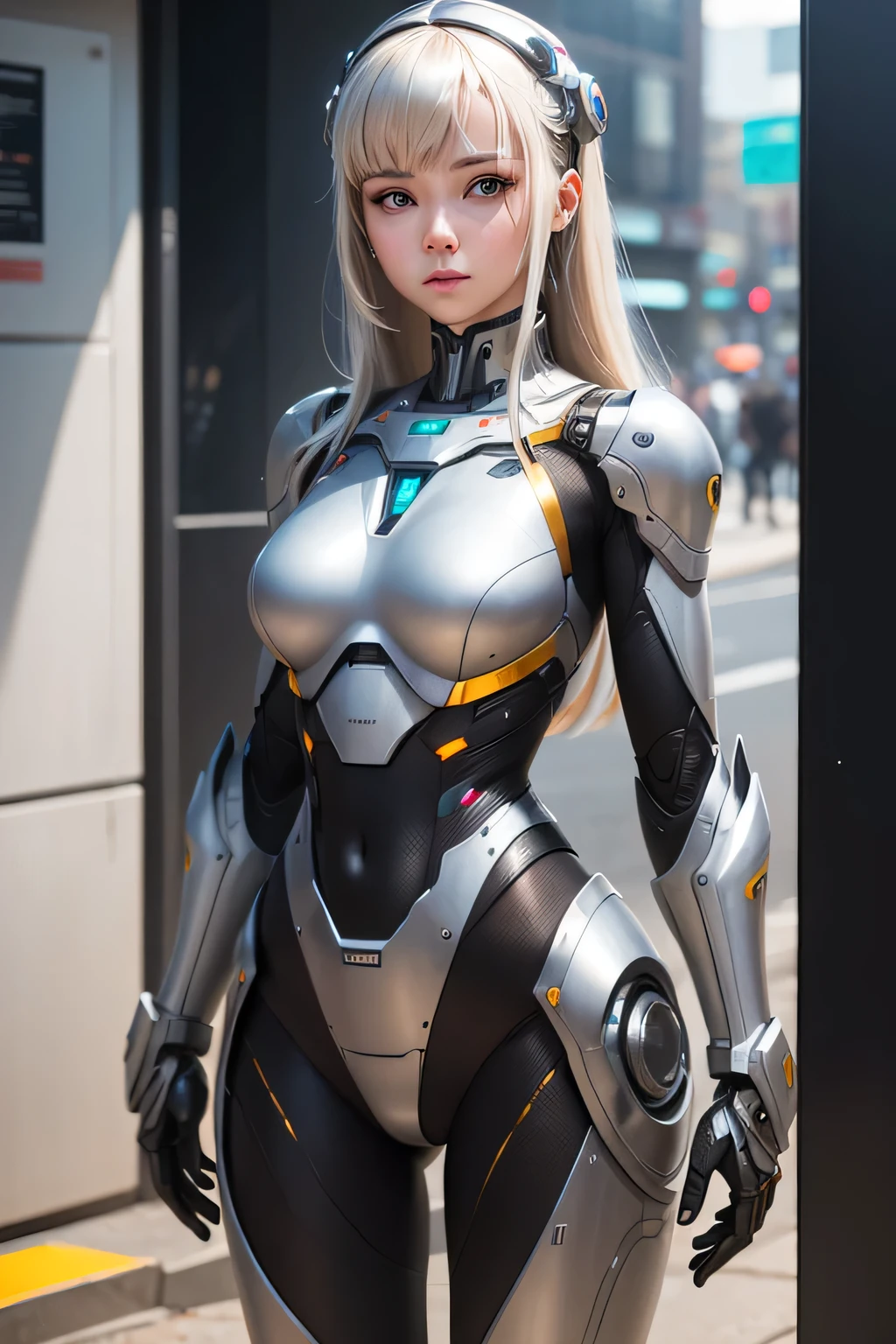 A female robot with a metallic and mechanical body. a photo of a man'face is close.