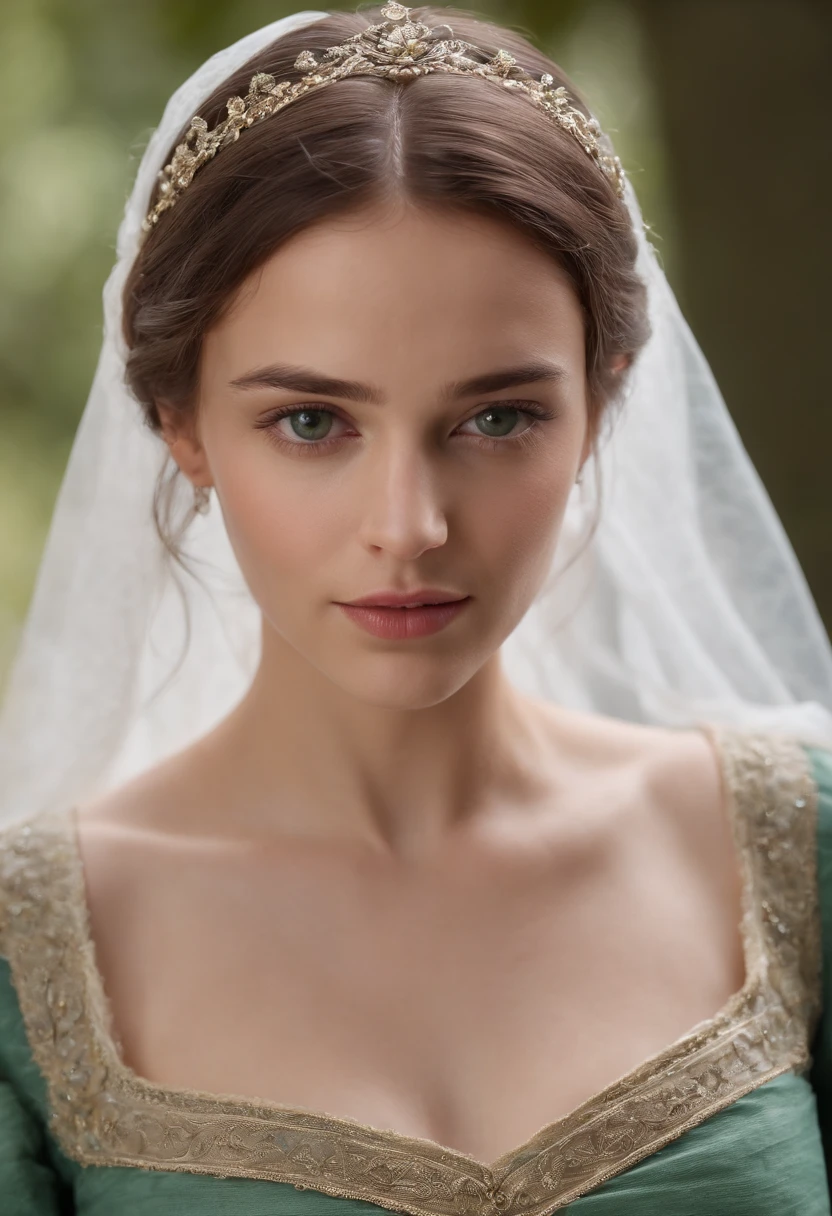 Adams Wednesday , Female around 19 years old, cabello blanco natural, Ojos verdes distintivos, usando kohl, esbelto y elegante, hermoso, luz de las velas en un ambiente medieval, Ultra-sharp focus, tiro realista, Ropa femenina medieval, colores tetradicos, tetas grandes, con pomulos prominentes