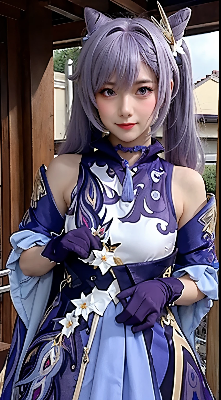 masterpiece, best quality, detail, depth of field, surreal, realistic face and Eye, Realistic skin texture, Cinema lighting, Eye, go meet your audience. 1 girl, solo, (frown, Keep your mouth shut), Keqing_\(Genshin_medium wind\), purple_Eye, purple hair, double ponytail, sharp Eye, serious face, Gloves, black, external, Purple lightning, Filleg, Lightning glowing sword, Purple lightning, Upper body, Cute makeup, beautiful face, European appearance