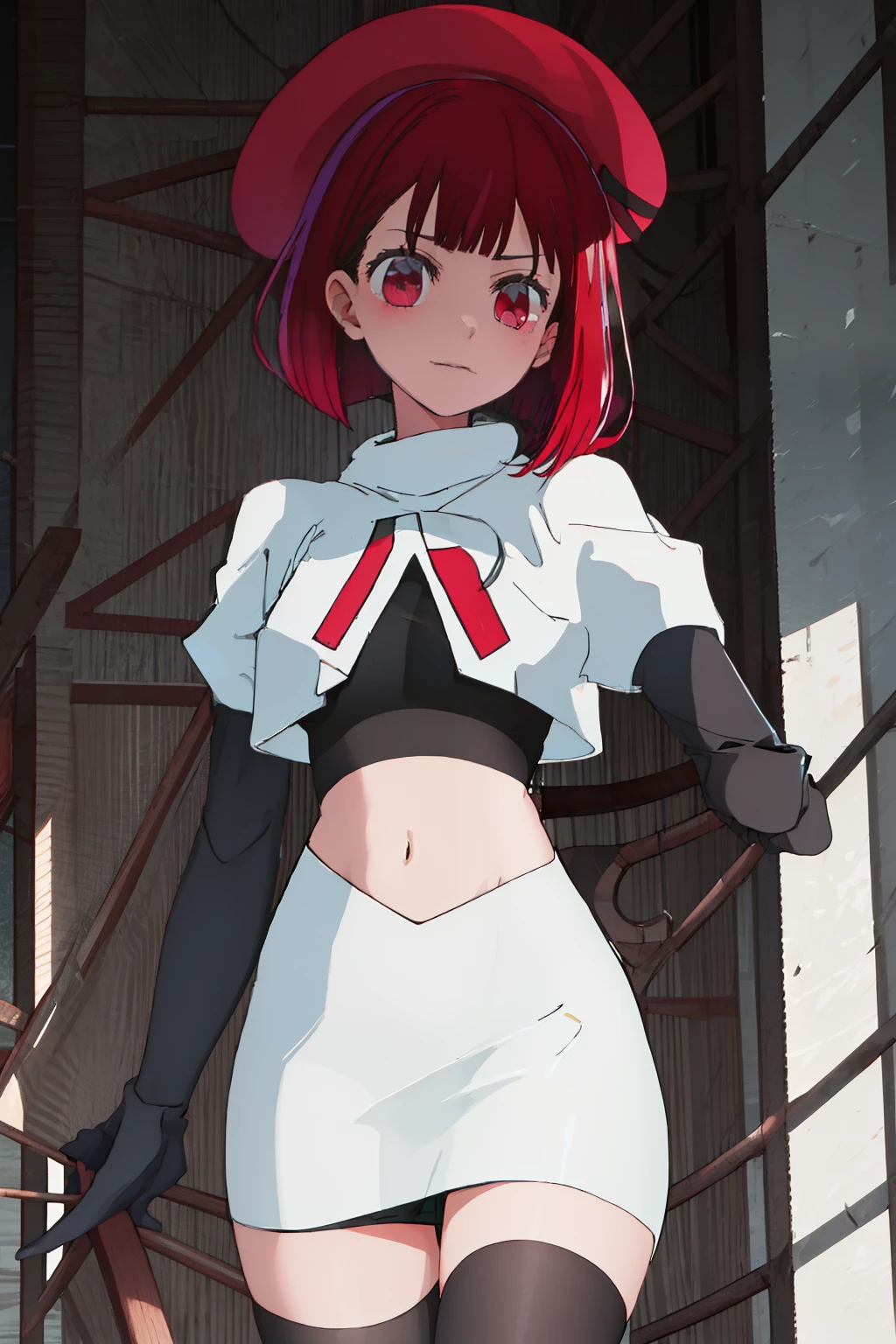 best quality, masterpiece, highres, solo, {arima_kana_oshinoko:1.15}, short_hair, bangs, red_hair, blunt_bangs, bout, red_eyes, hat, 1girl, black_headwear, beret, looking_at_viewer, team rocket,team rocket uniform, red letter R, white skirt,white crop top,black thigh-highs,black elbow gloves