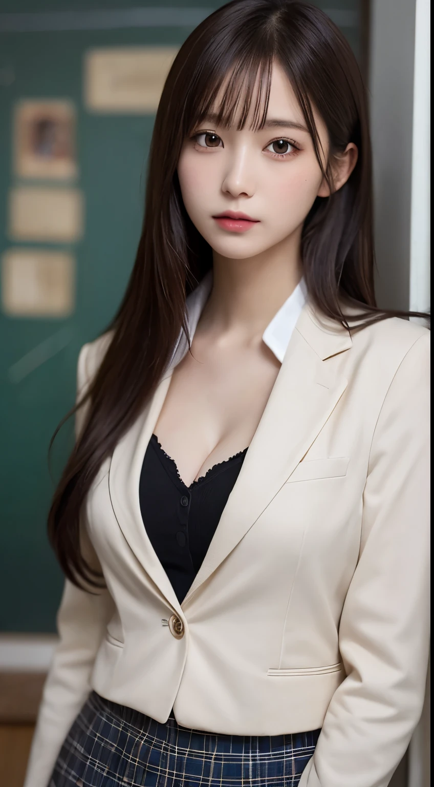 masutepiece, Best Quality, Illustration, Ultra-detailed, finely detail, hight resolution, 8K Wallpaper, Perfect dynamic composition, Beautiful detailed eyes,  Natural Lip,Blazer ,School uniform, cleavage, Full body