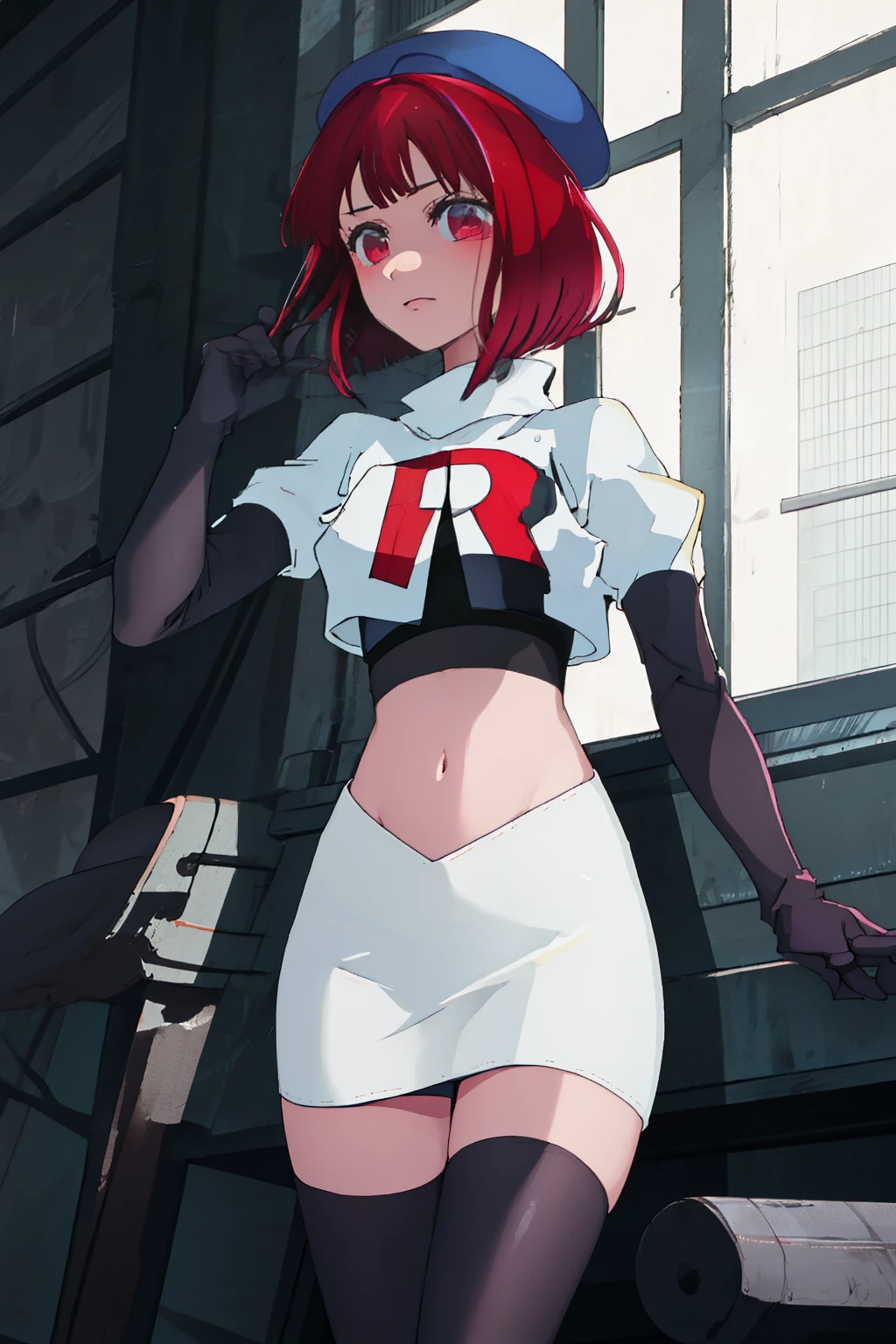 best quality, masterpiece, highres, solo, {arima_kana_oshinoko:1.15}, short_hair, bangs, red_hair, blunt_bangs, bout, red_eyes, hat, 1girl, black_headwear, beret, looking_at_viewer, team rocket,team rocket uniform, red letter R, white skirt,white crop top,black thigh-highs,black elbow gloves