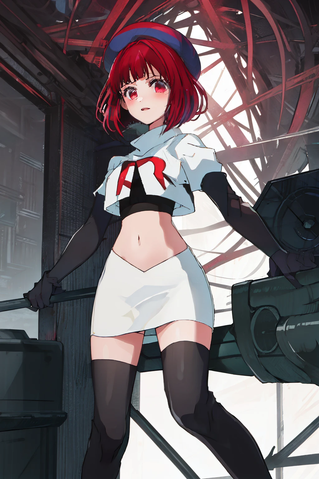 best quality, masterpiece, highres, solo, {arima_kana_oshinoko:1.15}, short_hair, bangs, red_hair, blunt_bangs, bout, red_eyes, hat, 1girl, black_headwear, beret, looking_at_viewer, team rocket,team rocket uniform, red letter R, white skirt,white crop top,black thigh-highs,black elbow gloves