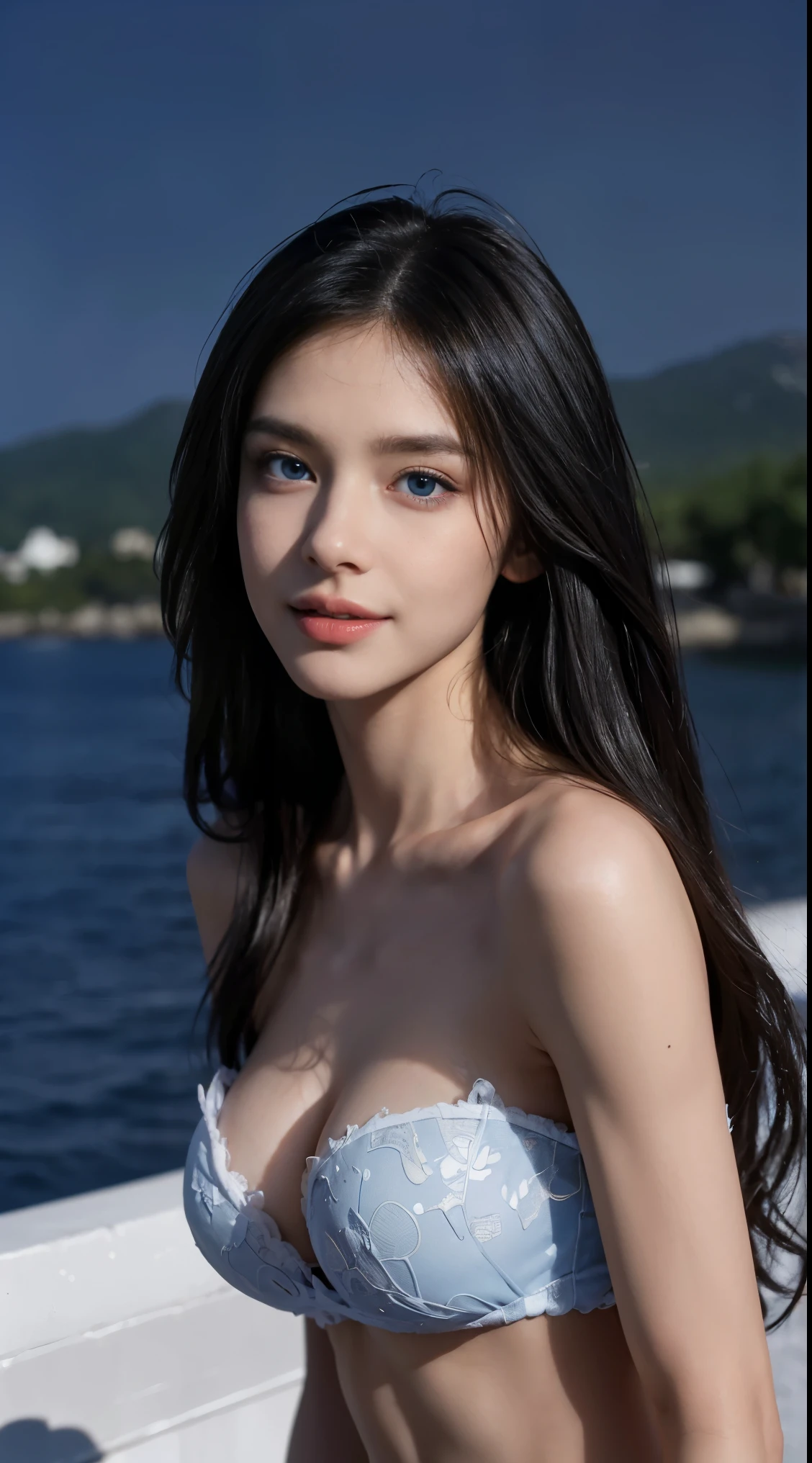 8K, Top Quality, Intricate Details, Ultra Detail, Ultra High Resolution, Masterpiece, random angle, Slender, Smile, (Makeup: 0.4), (Fluffy Blue Eyes: 1.21), blue Eyes, looking at viewer, ((full body)), 1girl, solo, 1 girl, (( full body)), close up shot, , ((tall)), (((fit body))), (((slim face))), sharp face, sharp eyes, (((black hair, long hair, )) (detailed face), sharp face, small lips, ((nfsw)), detailed face, detailed breast, large breast, detail ass, Beautiful girl with accentuated slender abs: 1.4, Six Pack Abs: 1.4, Bust Botox, Big, Perfect Body, detail leg, (( moonlight)), top of mountain