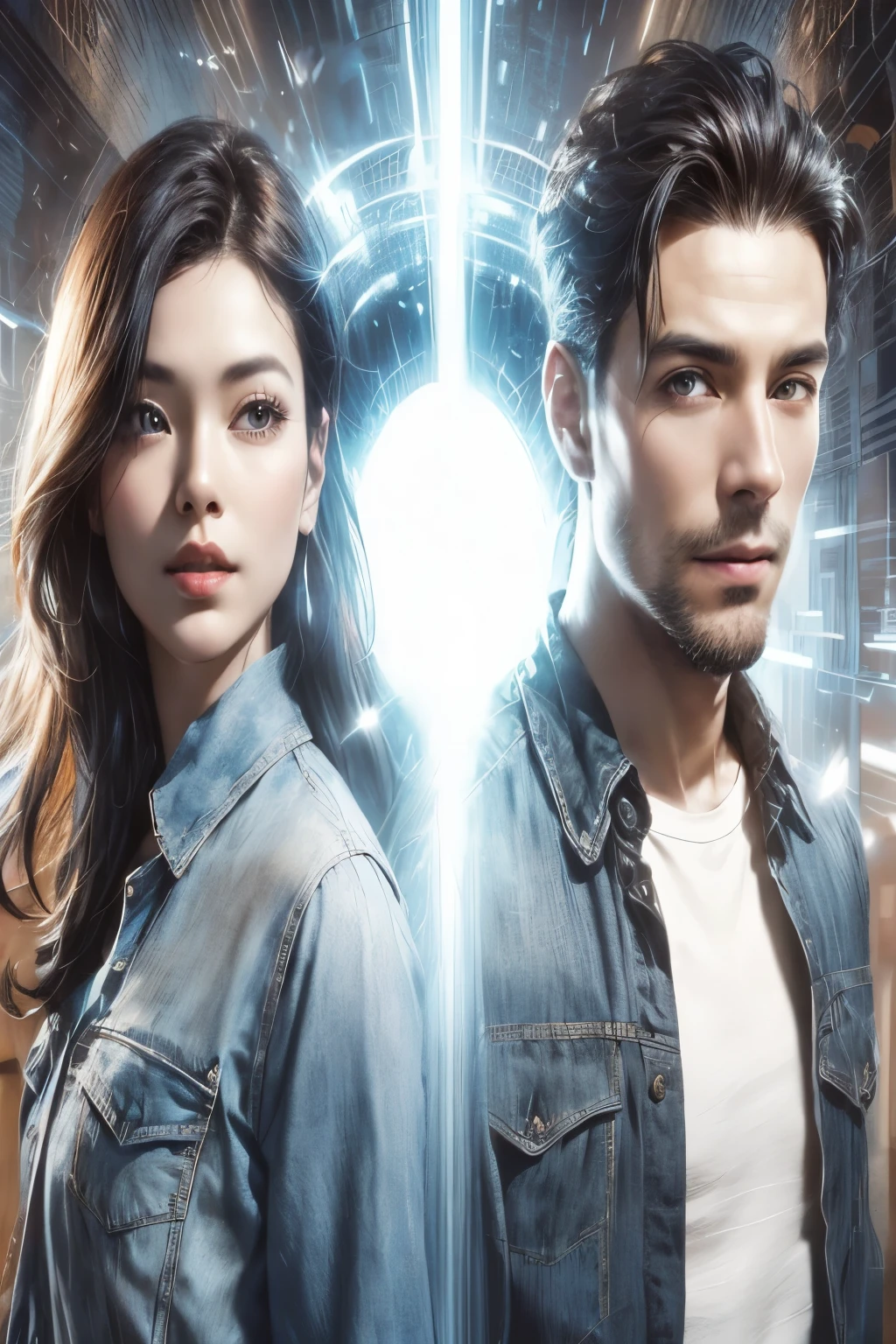 two beautiful men and women。Men have short black hair。woman has dark brown hair。Behind the two of them, a gate of shining bluish-white light appears that leads to another dimension.。