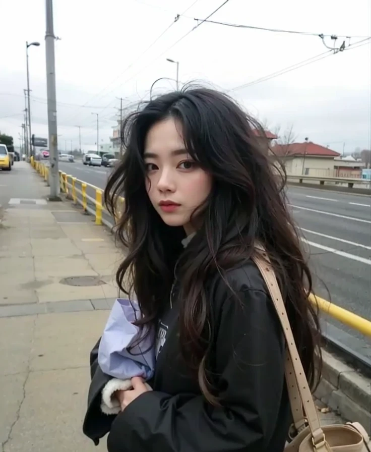 Mujer araffada con cabello largo caminando por una acera con un bolso., pelo negro largo ondulado, cabello largo y rizado, ulzzang, cabello ondulado hasta los hombros, asian girl with long hair, cabello ondulado oscuro vibrante, Cabello negro largo desordenado, pelo largo y negro ondulado, con pelo largo y rizado, pelo largo y rizado negro, Dynamic wavy hair , con el rostro de wayv ten , nct ten lee