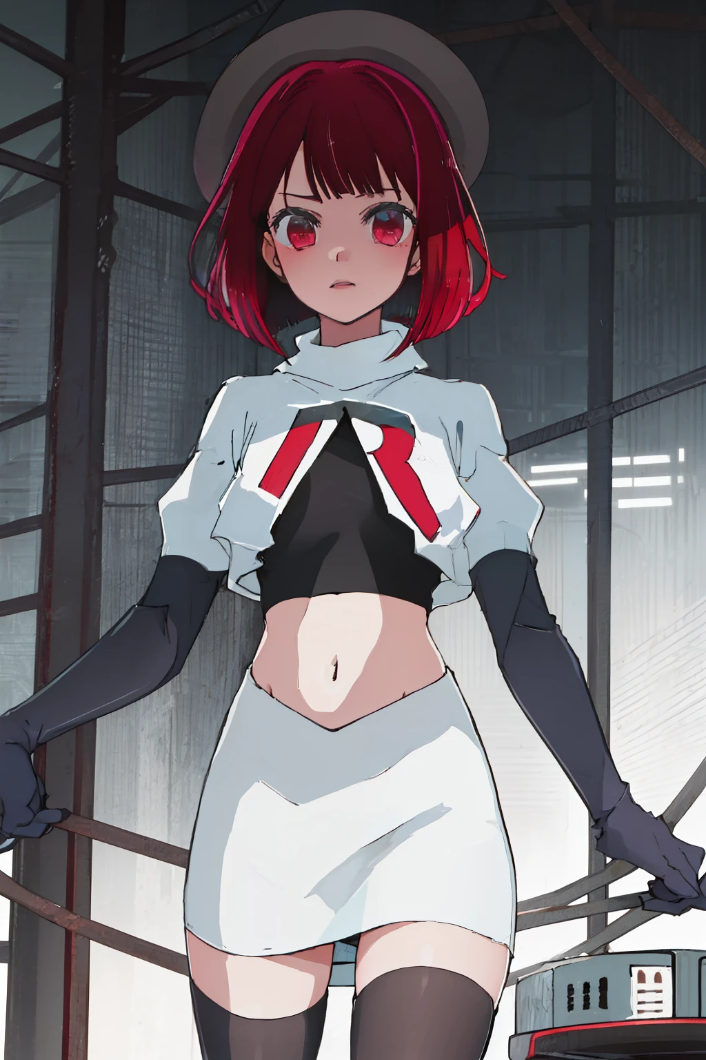 best quality, masterpiece, highres, solo, {arima_kana_oshinoko:1.15}, short_hair, bangs, red_hair, blunt_bangs, bout, red_eyes, hat, 1girl, black_headwear, beret, looking_at_viewer, team rocket,team rocket uniform, red letter R, white skirt,white crop top,black thigh-highs,black elbow gloves