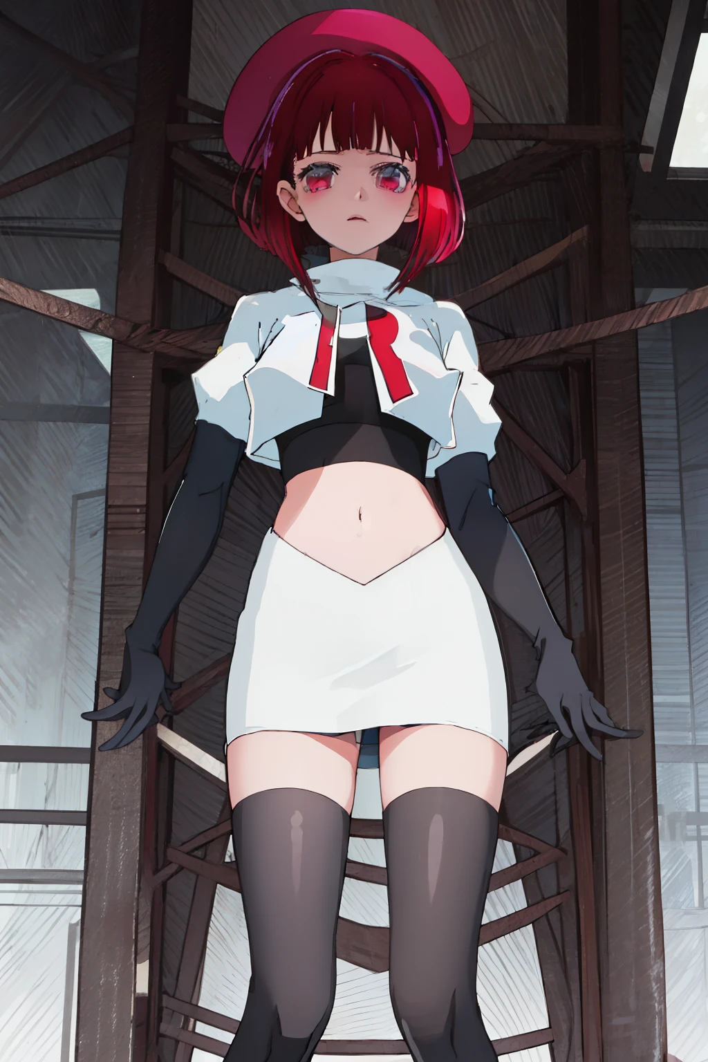 best quality, masterpiece, highres, solo, {arima_kana_oshinoko:1.15}, short_hair, bangs, red_hair, blunt_bangs, bout, red_eyes, hat, 1girl, black_headwear, beret, looking_at_viewer, team rocket,team rocket uniform, red letter R, white skirt,white crop top,black thigh-highs,black elbow gloves