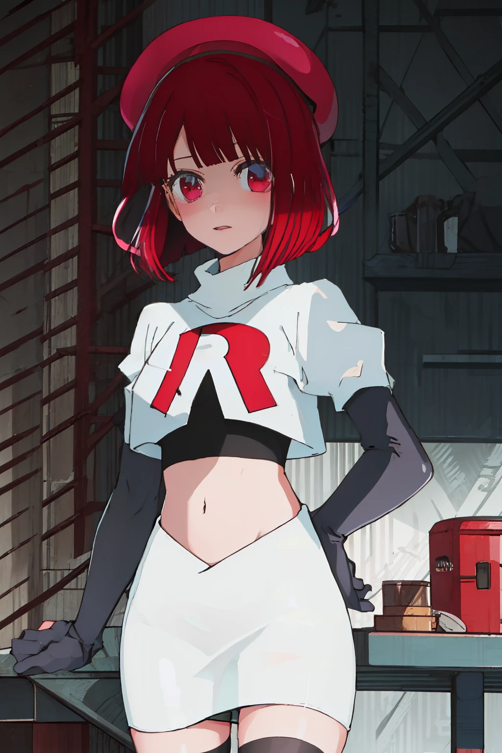 best quality, masterpiece, highres, solo, {arima_kana_oshinoko:1.15}, short_hair, bangs, red_hair, blunt_bangs, bout, red_eyes, hat, 1girl, black_headwear, beret, looking_at_viewer, team rocket,team rocket uniform, red letter R, white skirt,white crop top,black thigh-highs,black elbow gloves