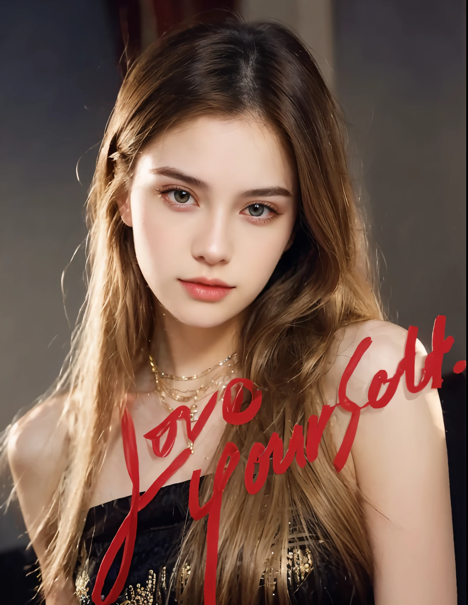 1girl, solo, long hair, realistic, looking at viewer, dress, blonde hair, brown eyes, upper body, bare shoulders, brown hair, necklace, jewelry, lips, closed mouth, black dress