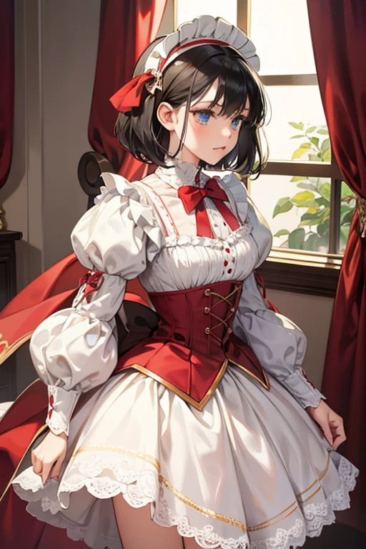 Snow White's short black hair is styled in a bob and parted in the middle. She also wears a red headband with a bow in the center. Her signature dress consists of a navy blue bodice with gold piping down the center and along the waistline, a high white collar, pale yellow skirt and white, lace-edged petticoat that stop at her ankles. Her short, puffed sleeves are a lighter blue color than her bodice, and the red cloth poking through exemplified the "slashing" design, which was very fashionable during the Renaissance era. It involved cutting the cloth outside the outfit and pulling through another layer of cloth from underneath. Both sleeves have gold cuffs that match the piping on her bodice. She also wears tan pumps decorated with white bows. In the film and most of the franchise, she also wears a maroon cape with red lining
