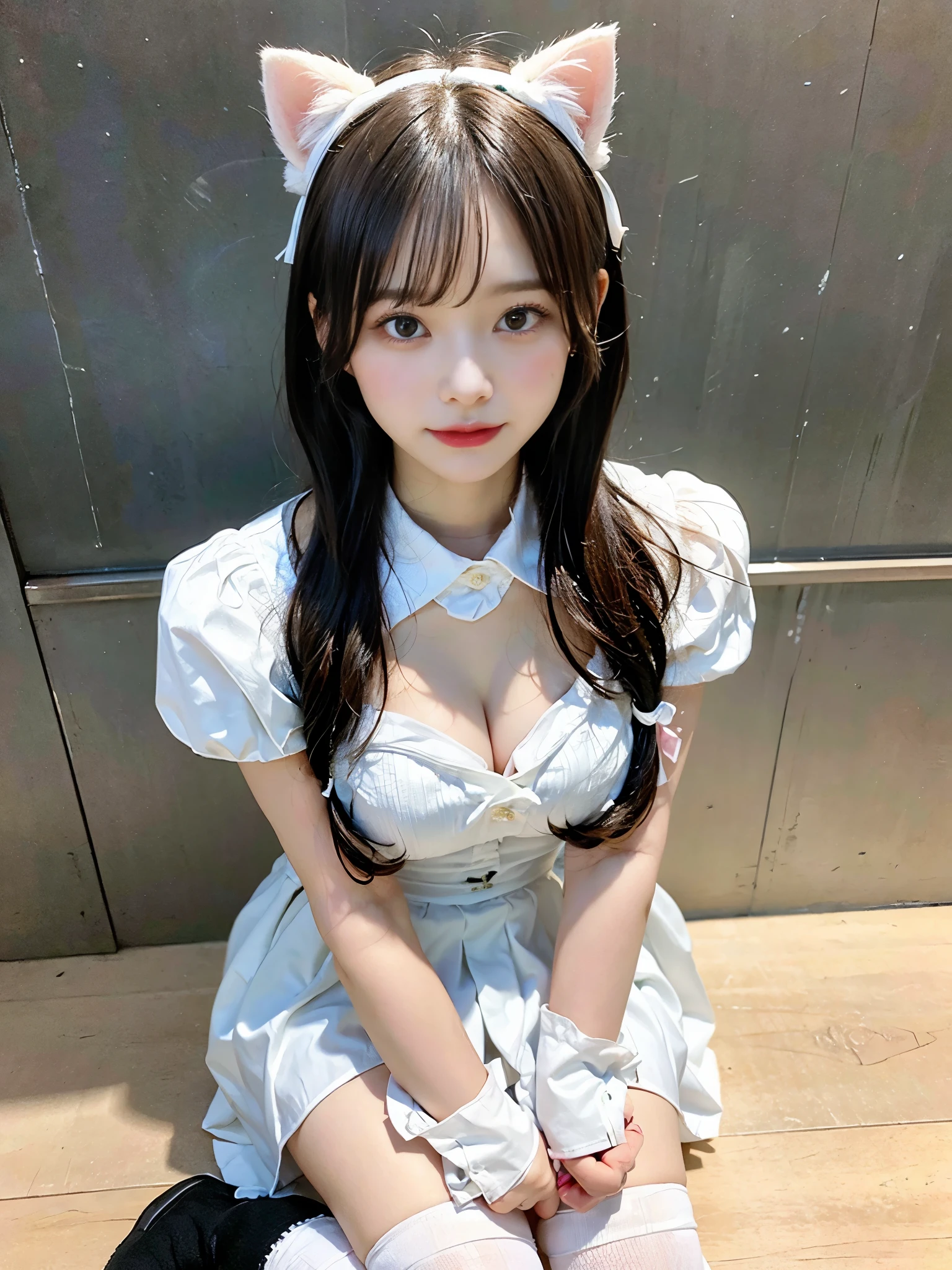 (Close-up:1.4)、(RAW shooting:1.2)、(Photoreal:1.4)、(masterpiece:1.3)、(highest quality:1.4)、one girl、(slender and beautiful girl)、(big and full breasts:1.2)、fluffy beautiful breasts、(cleavage)、(erect nipples:1.2)、Spread legs ULL BODYSHOT)、From above、In 8K、(table top:1.2)、(ribbon、knee high socks:1.3)、Look at the viewers rush、kneel down、look up、ribbonボンデージ、(Thin fingers and beautiful thighs)、(short bob:1.2)、school uniform、cute、cute、(white cat ears hair accessories:1.2)、